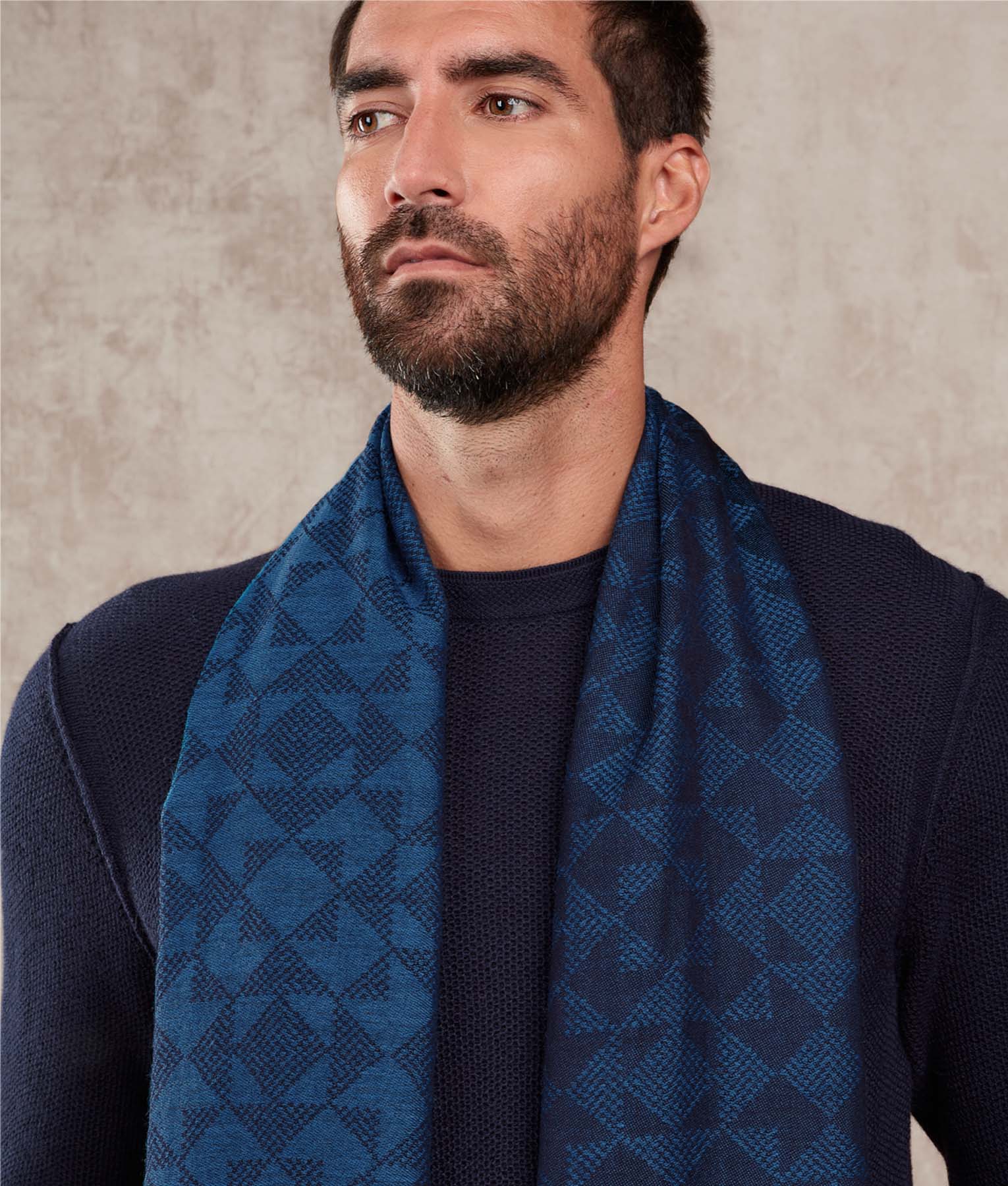Bi Colour Mosaic Pattern Jacquard Scarf - Blue Deja Vu And Blue Contest