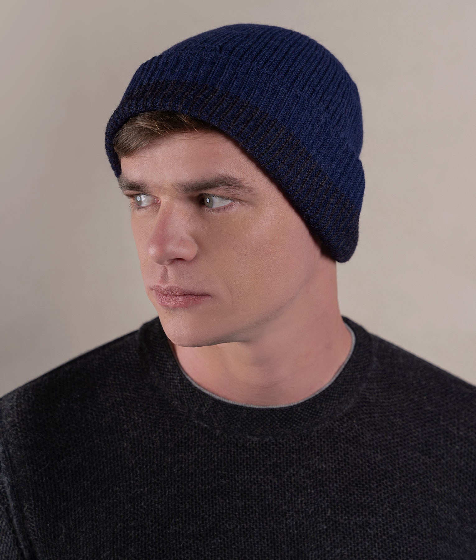 Reversible Ribbed Beanie - Navy Blue With Heather Black Edge