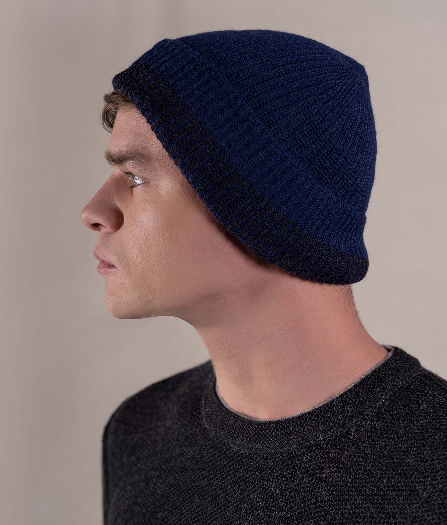 Reversible Ribbed Beanie - Navy Blue With Heather Black Edge