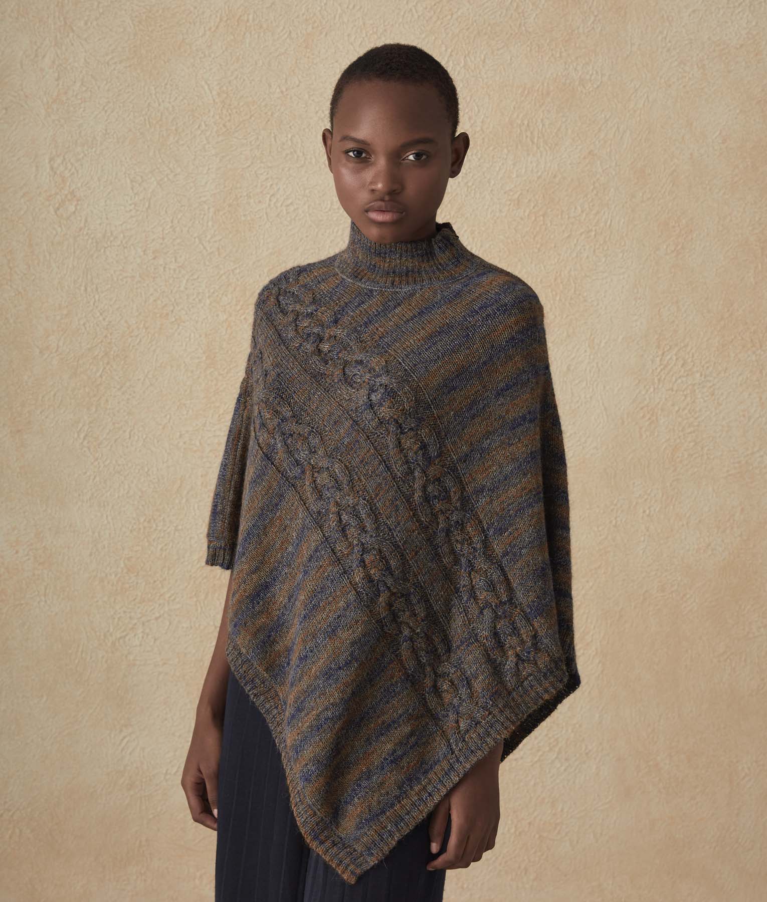 Cables Zipped Detailed Poncho - Inca Gold And Blue Ribbon
