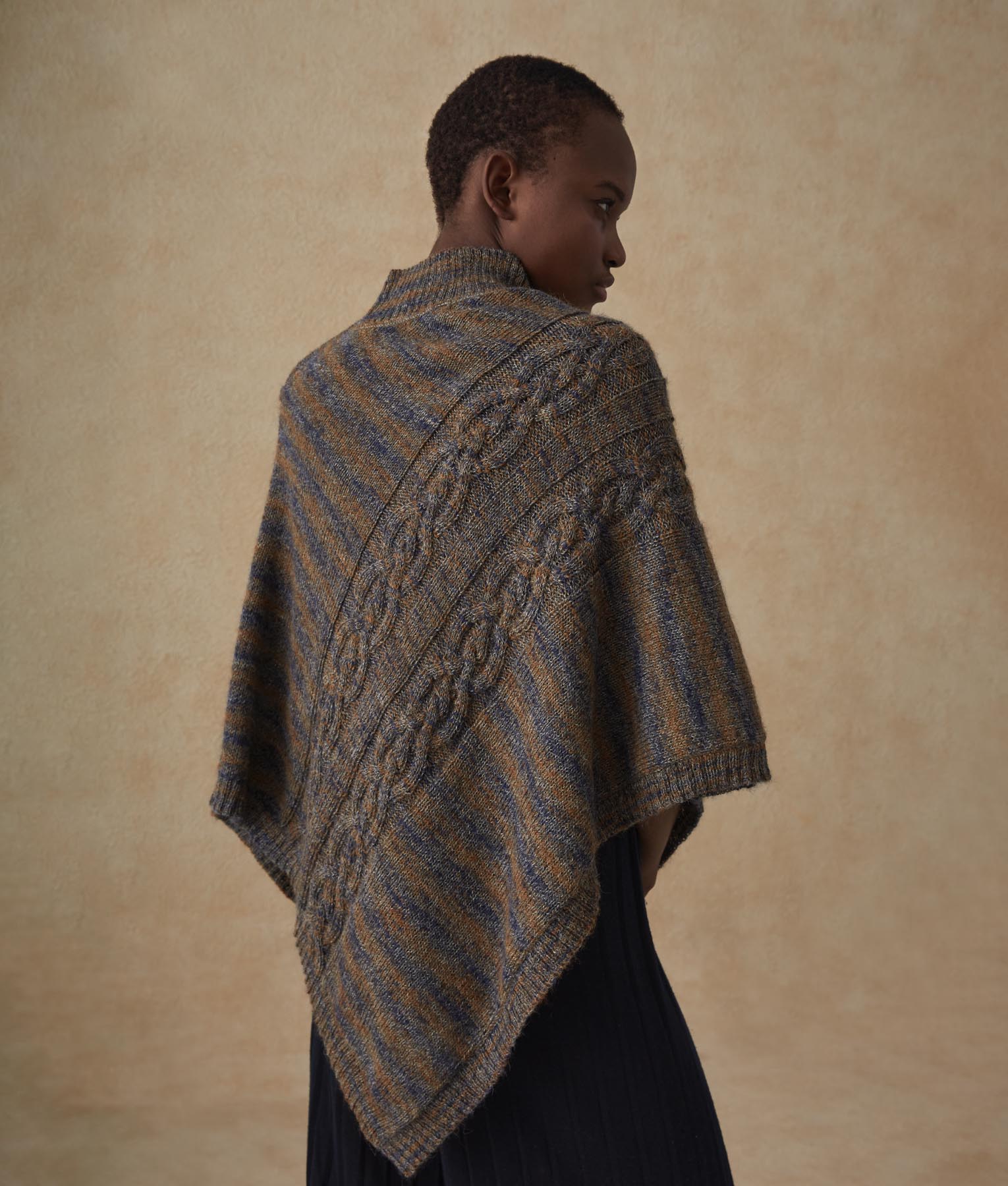 Cables Zipped Detailed Poncho - Inca Gold And Blue Ribbon