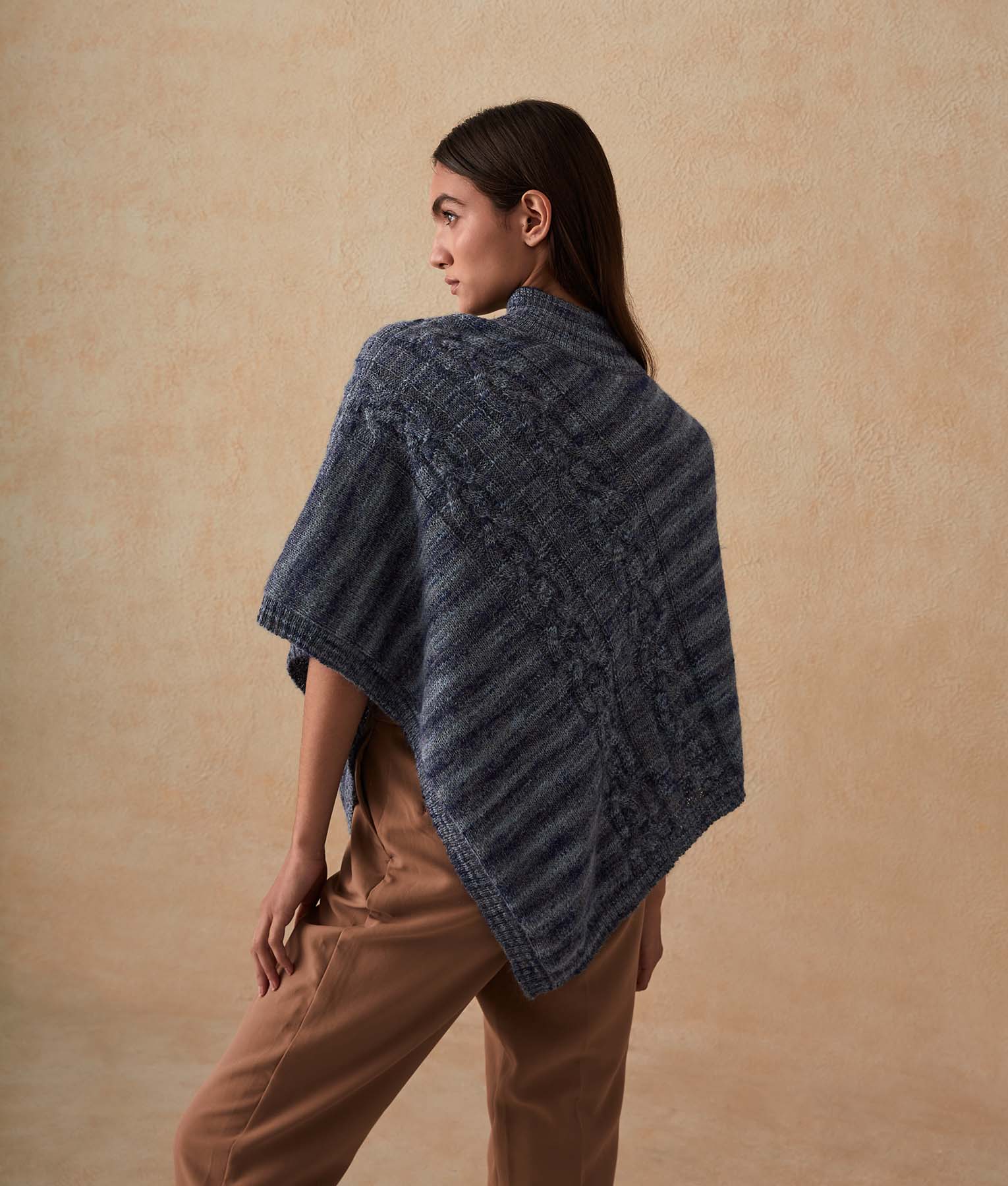 Cables Zipped Detailed Poncho - December Sky Blue And Crystal Blue Print