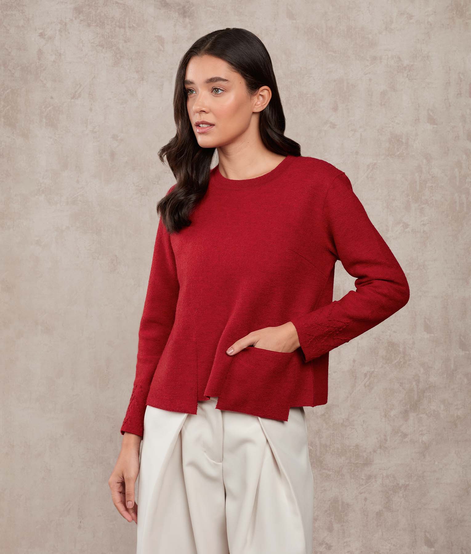 Bw Crew Neck Sweater With Pockets - Pompeian Red