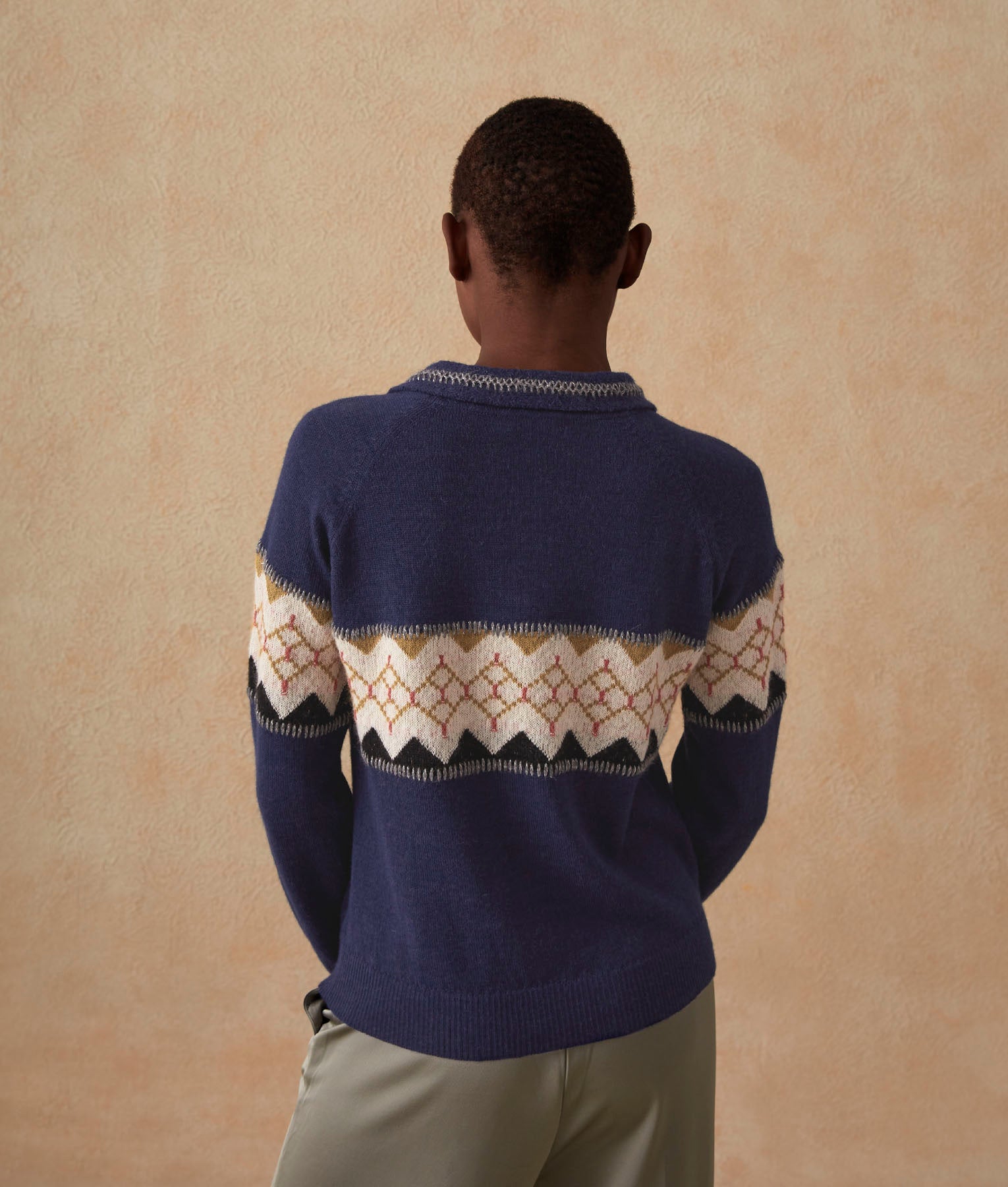 Embroidered Intarsia Cardigan - Patriot Blue And Golden Olive