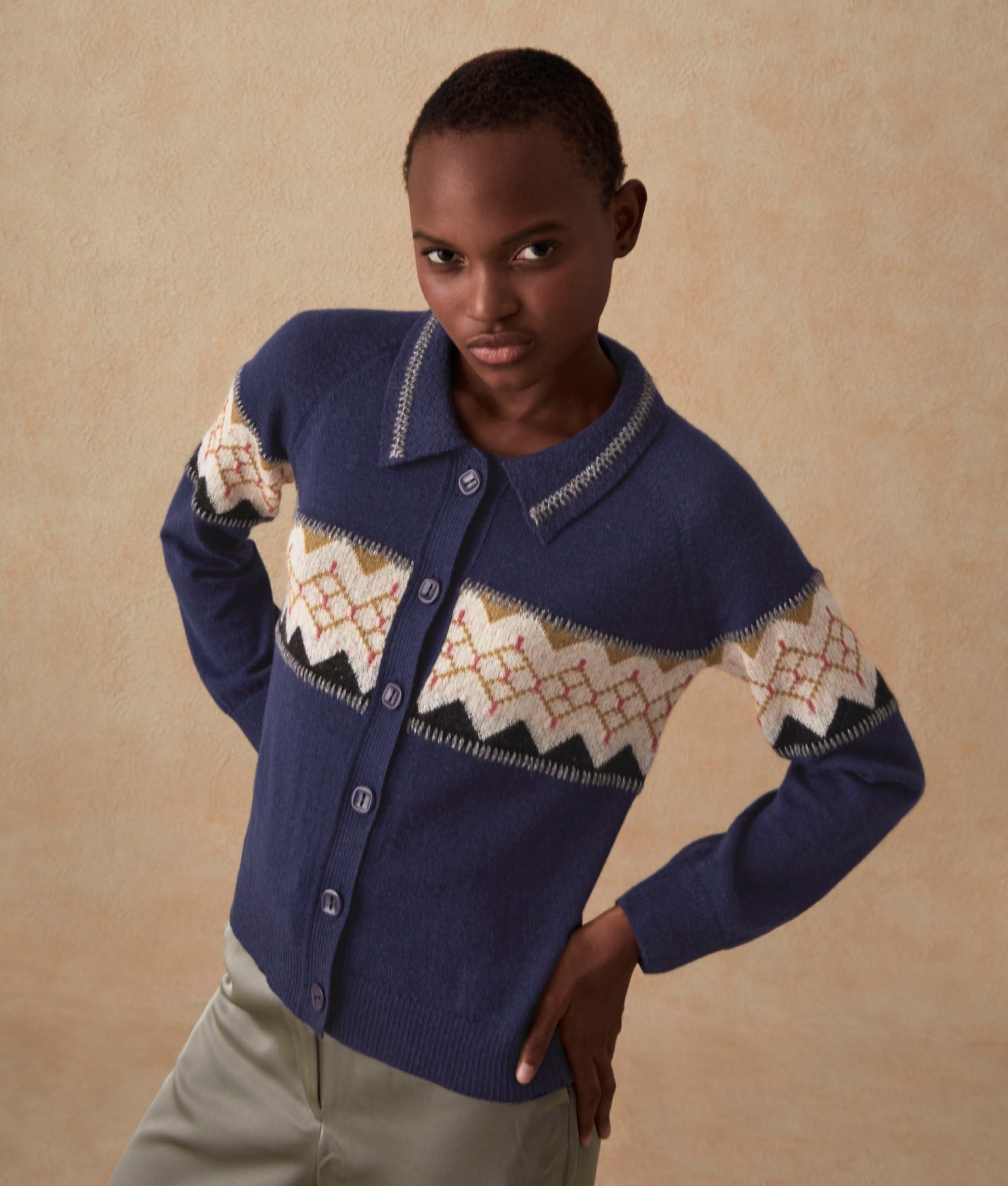 Embroidered Intarsia Cardigan - Patriot Blue And Golden Olive
