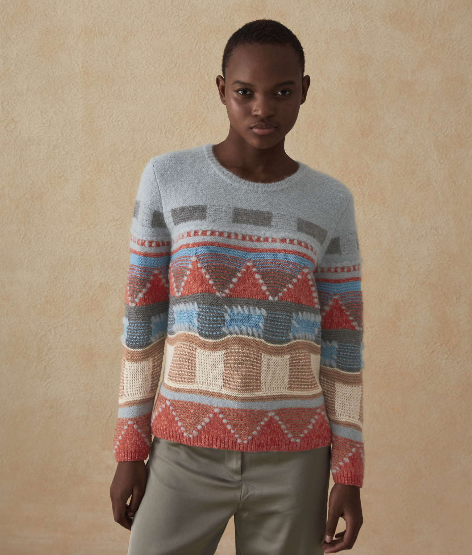 Geometric Intarsia Sweater - Blue Cloud