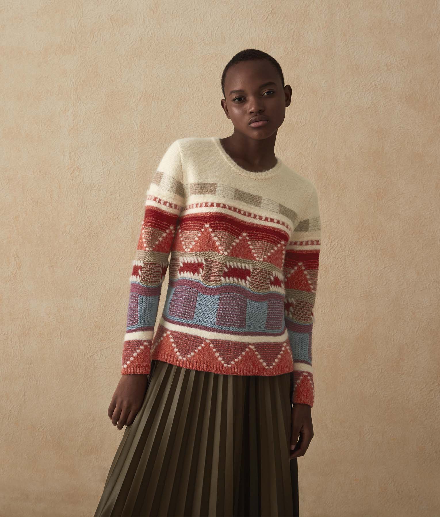 Geometric Intarsia Sweater - Snow White And Multicolor