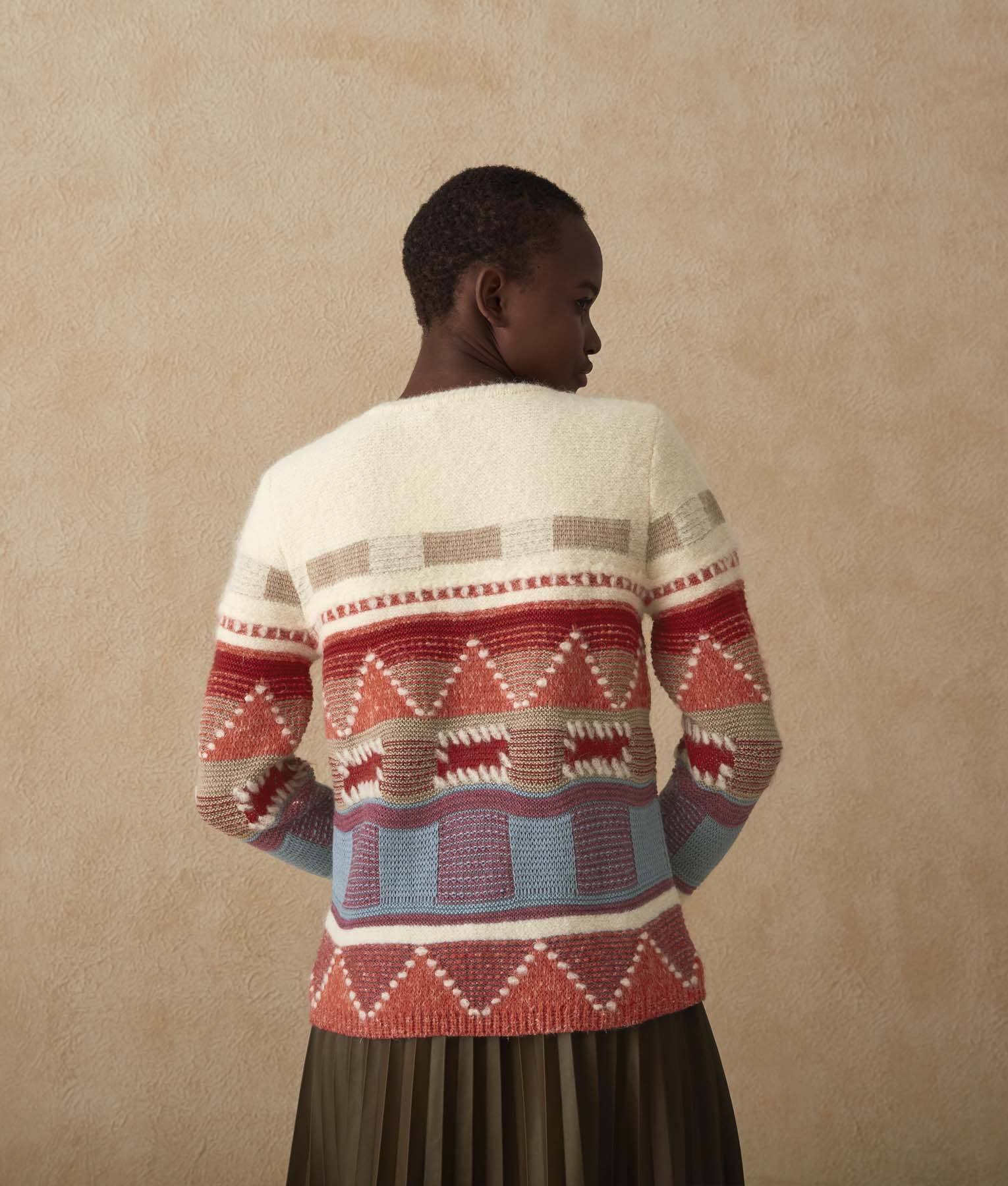 Geometric Intarsia Sweater - Snow White And Multicolor