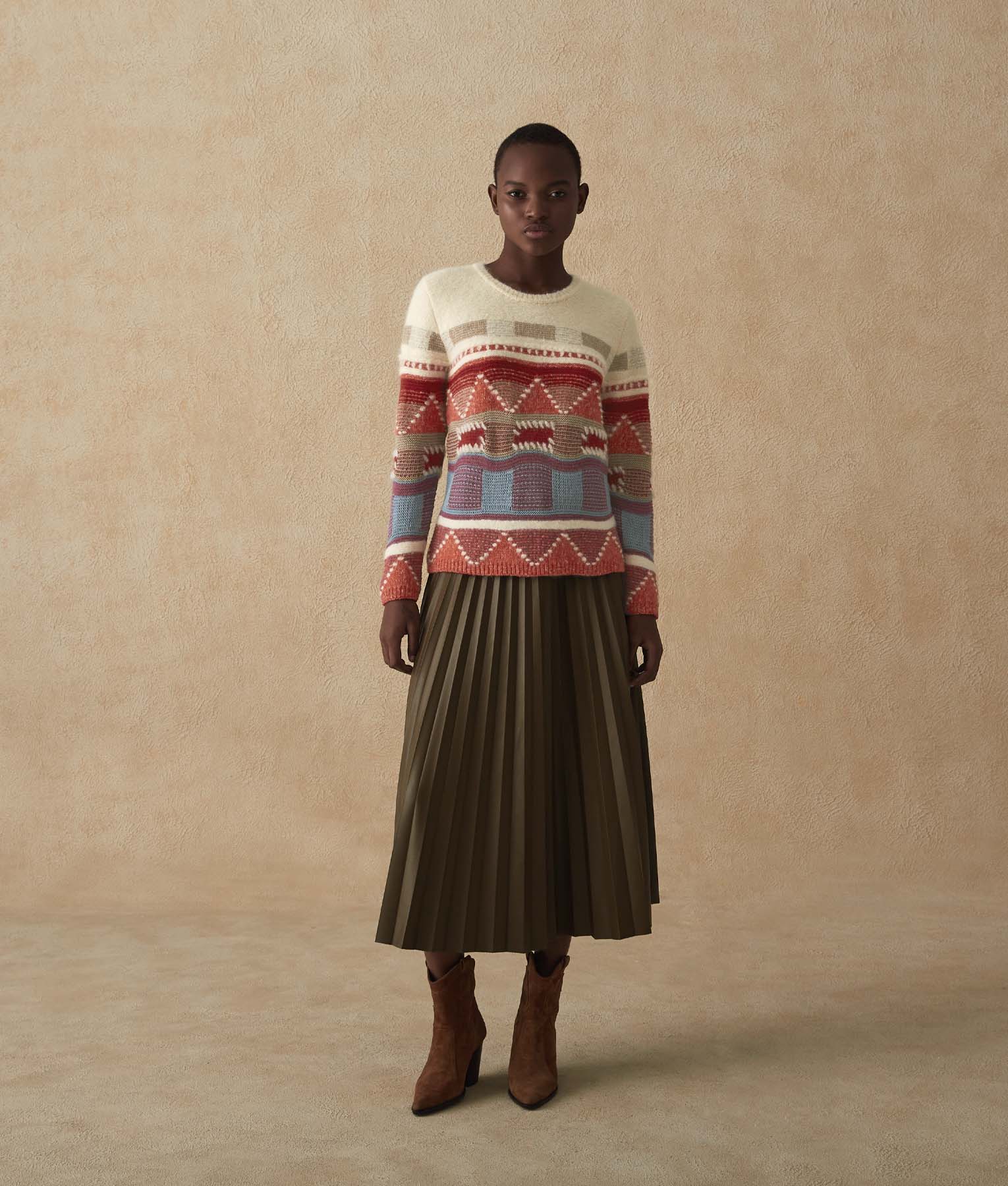Geometric Intarsia Sweater - Snow White And Multicolor