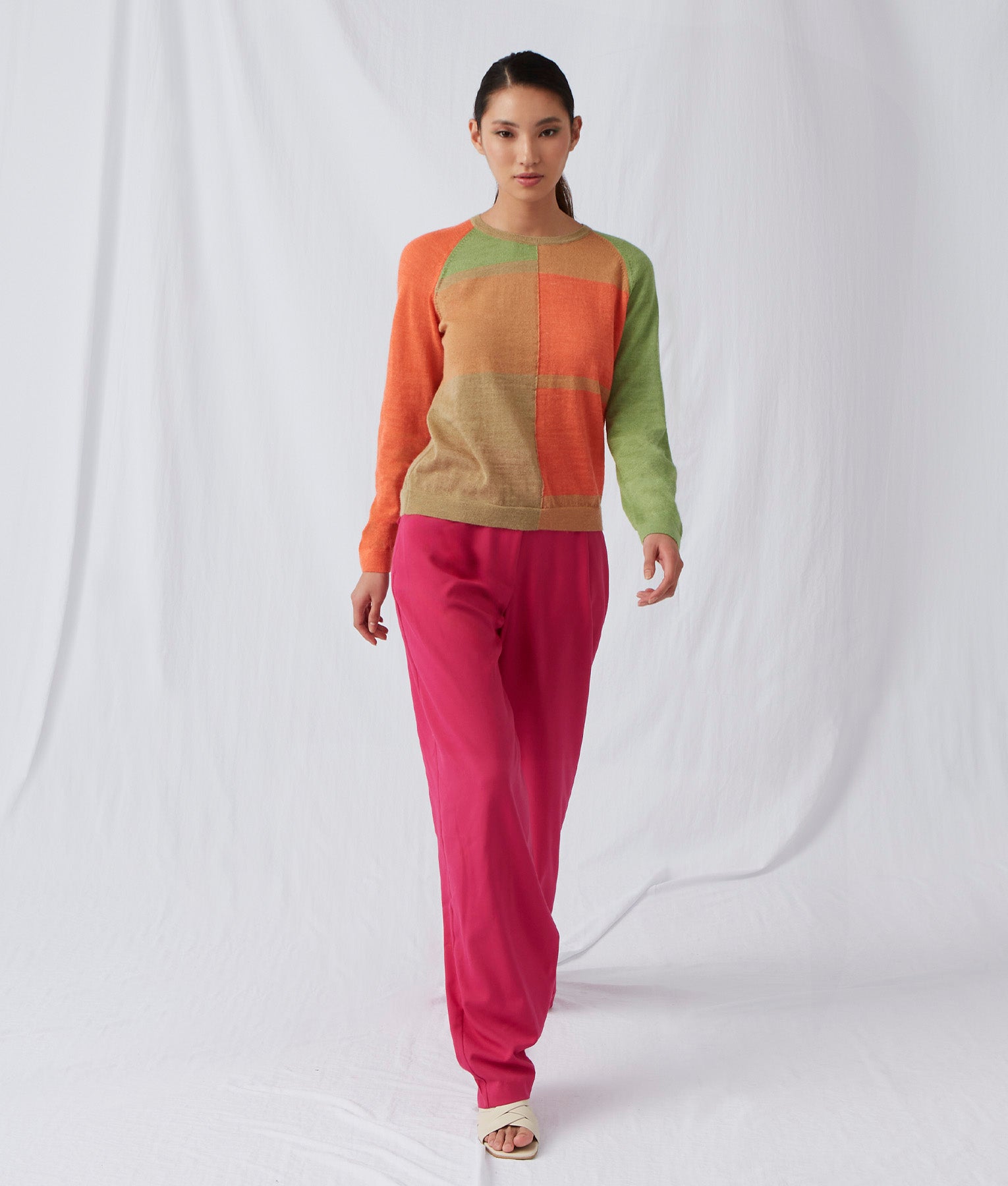 Blocked Intarsia Crew Sweater - Cookie And Camellia