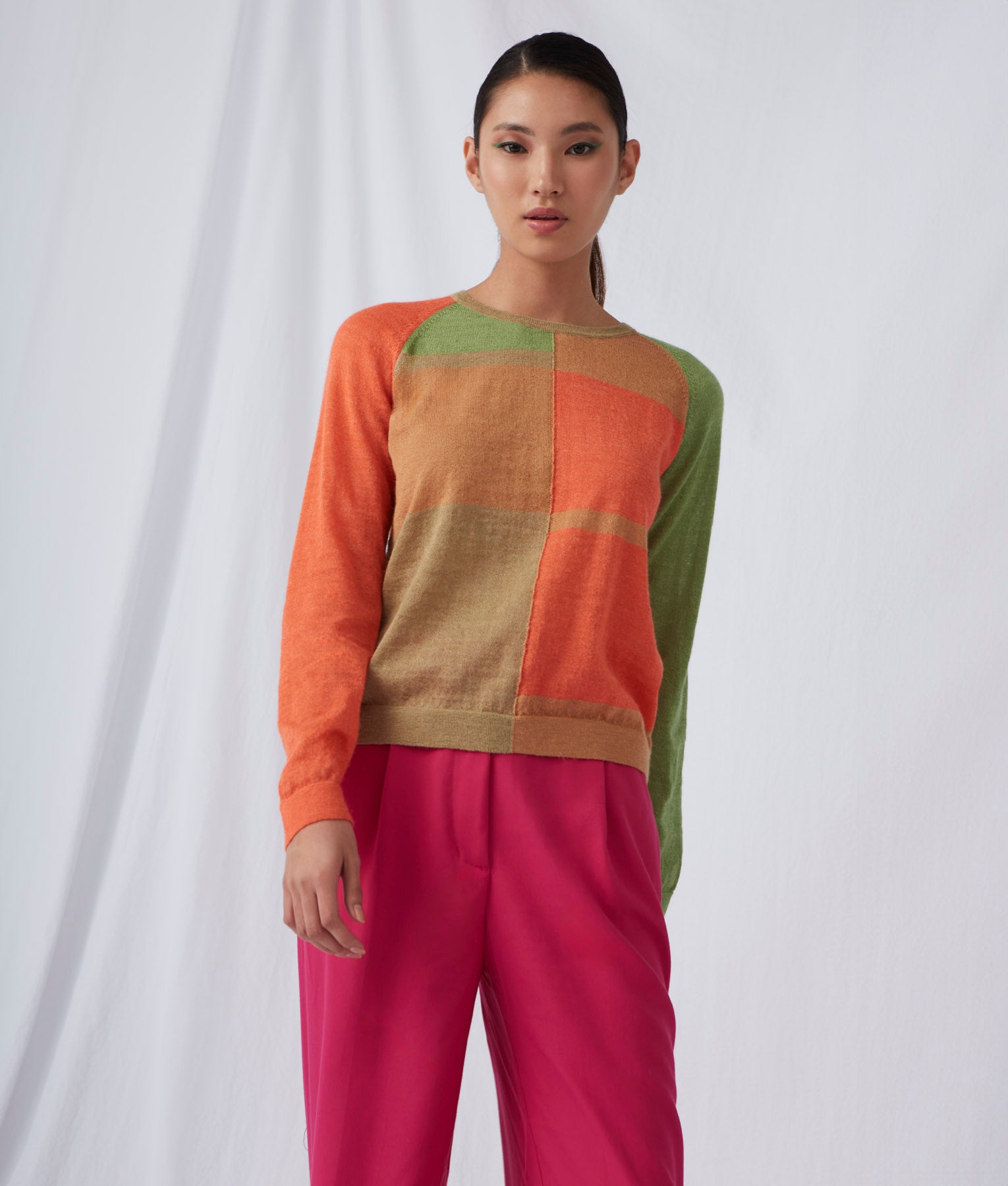 Blocked Intarsia Crew Sweater - Cookie And Camellia