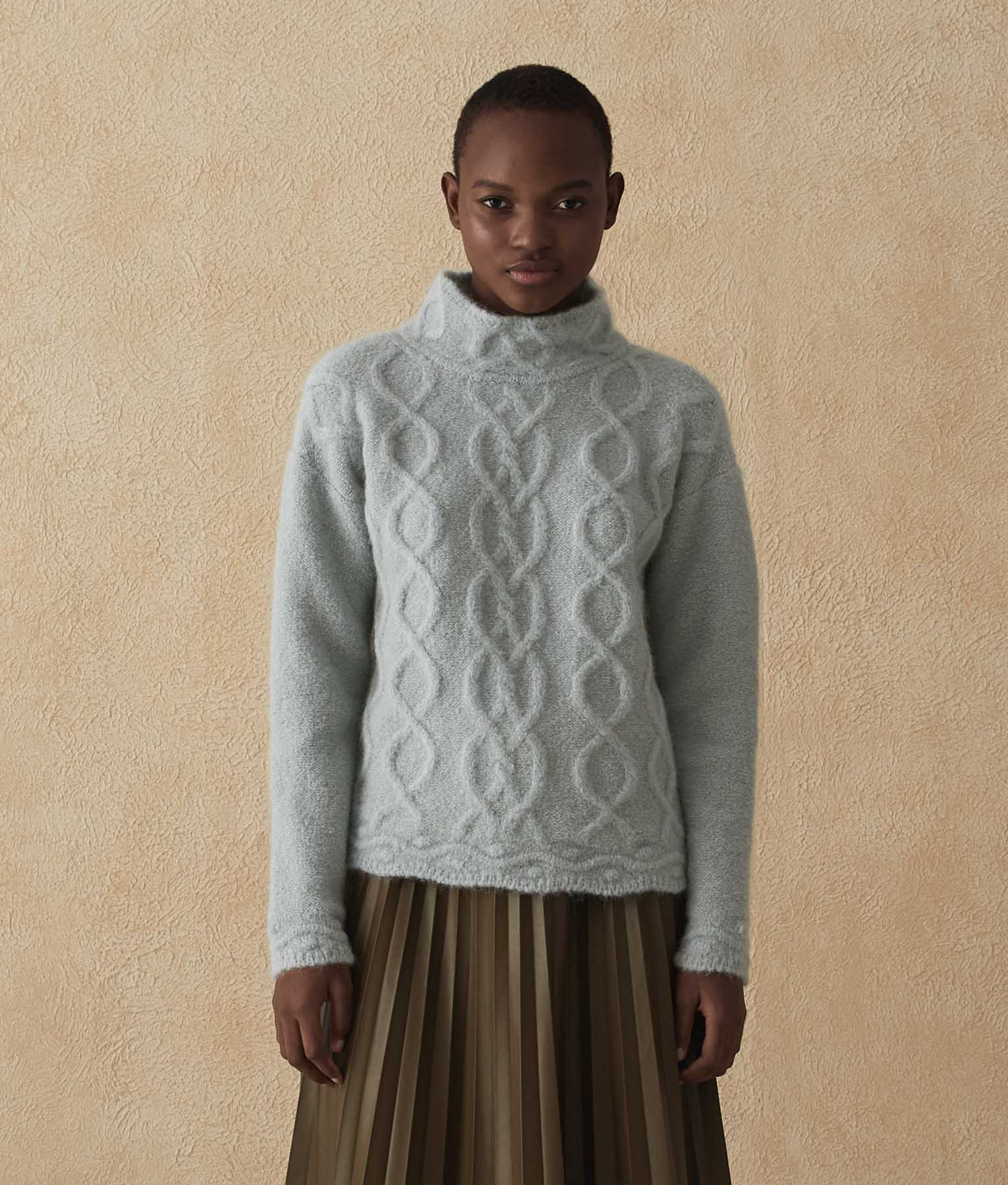 Cables High Neck Sweater - Winter Sky