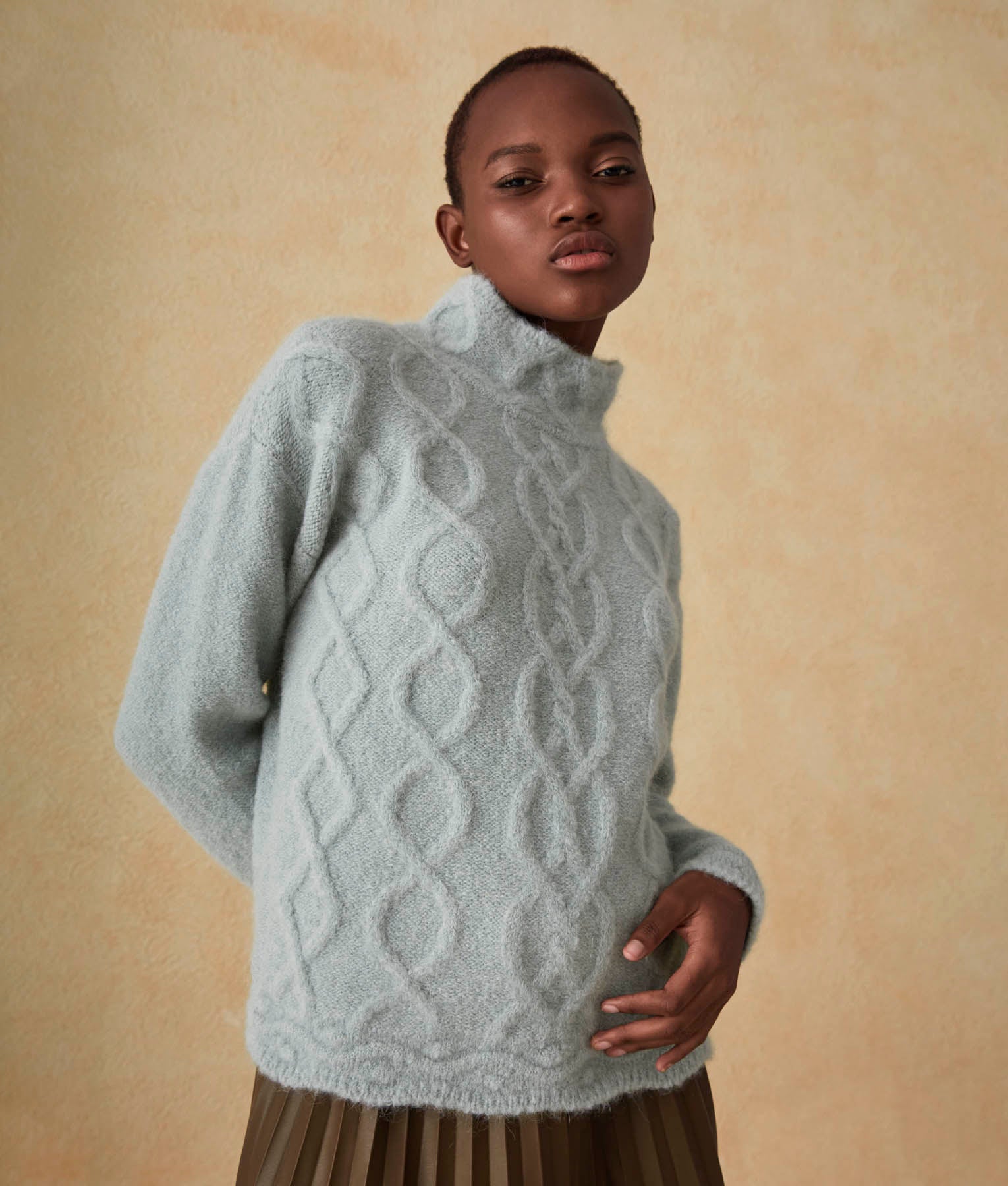 Cables High Neck Sweater - Winter Sky