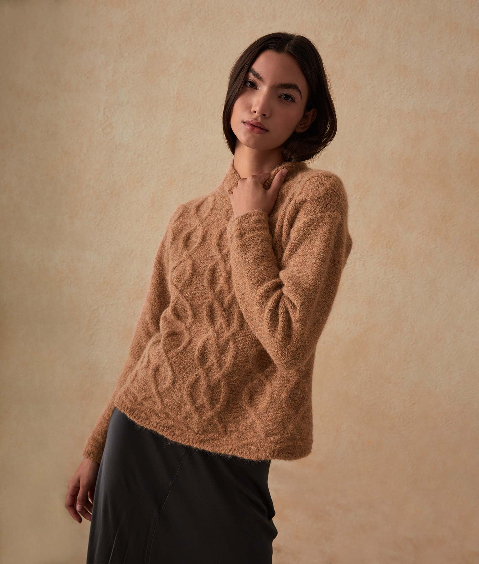 Cables High Neck Sweater - Toast