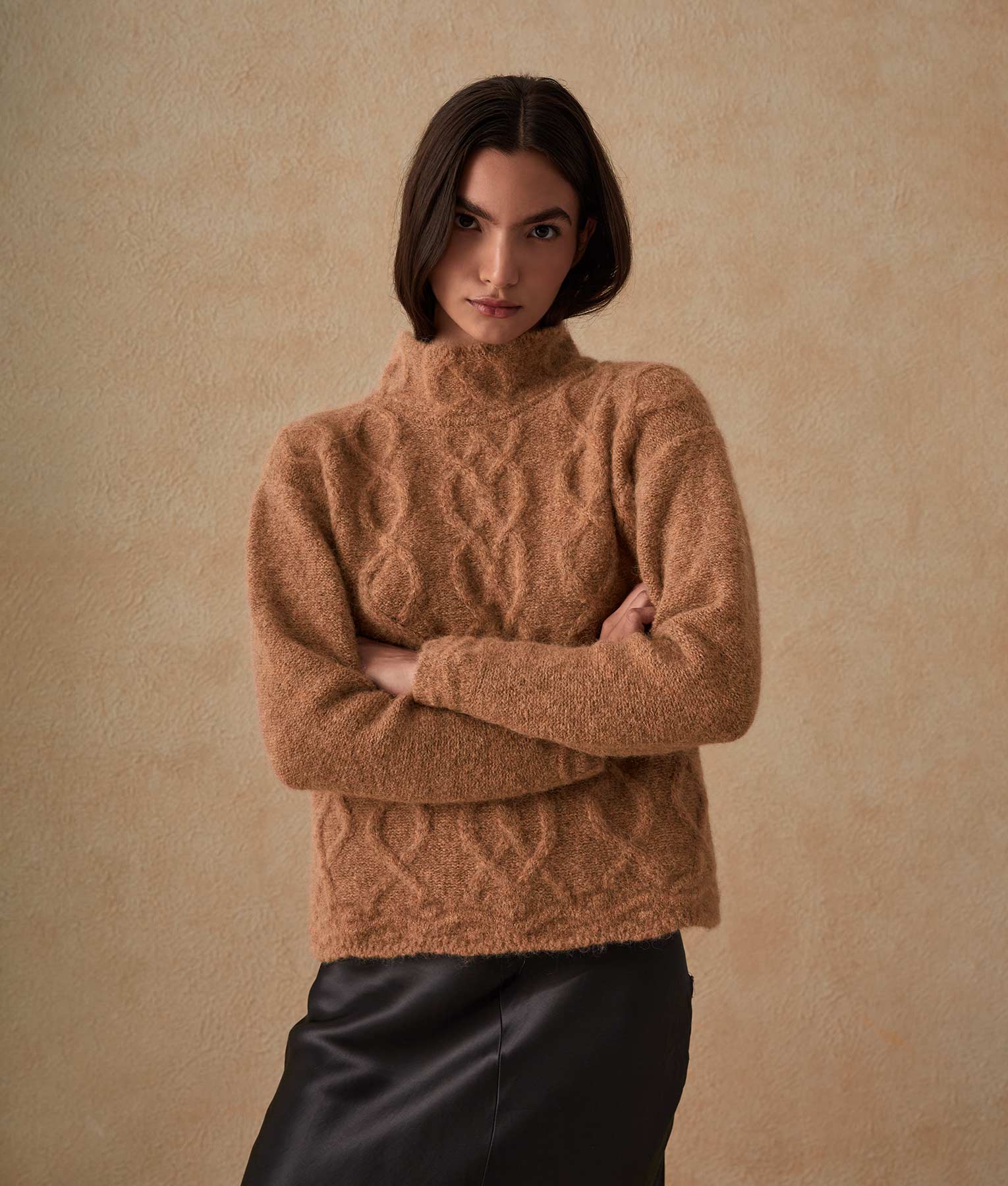 Cables High Neck Sweater - Toast