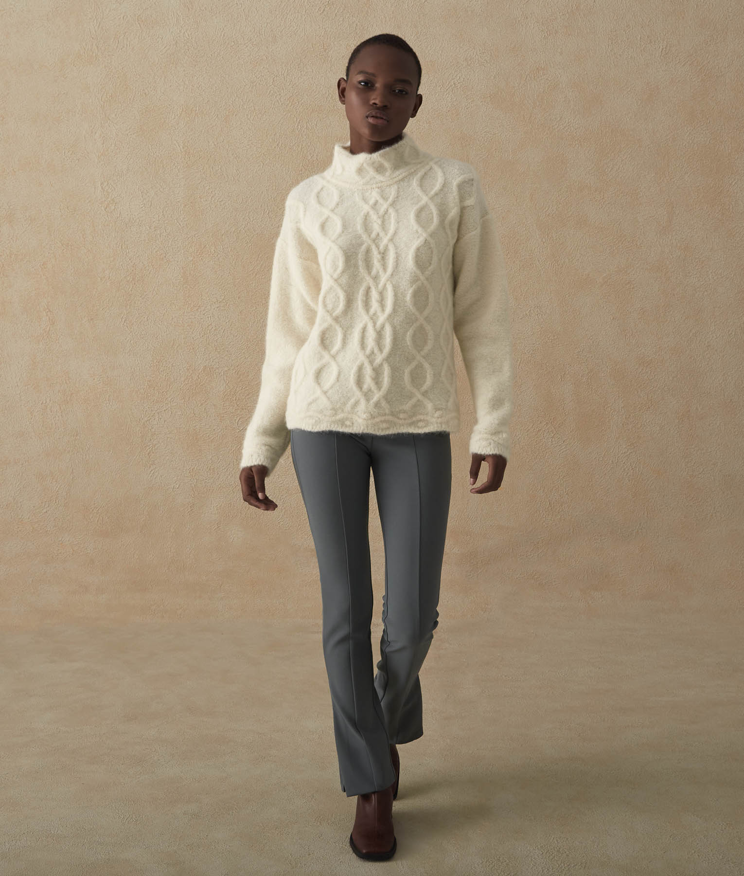Cables High Neck Sweater - White Snow