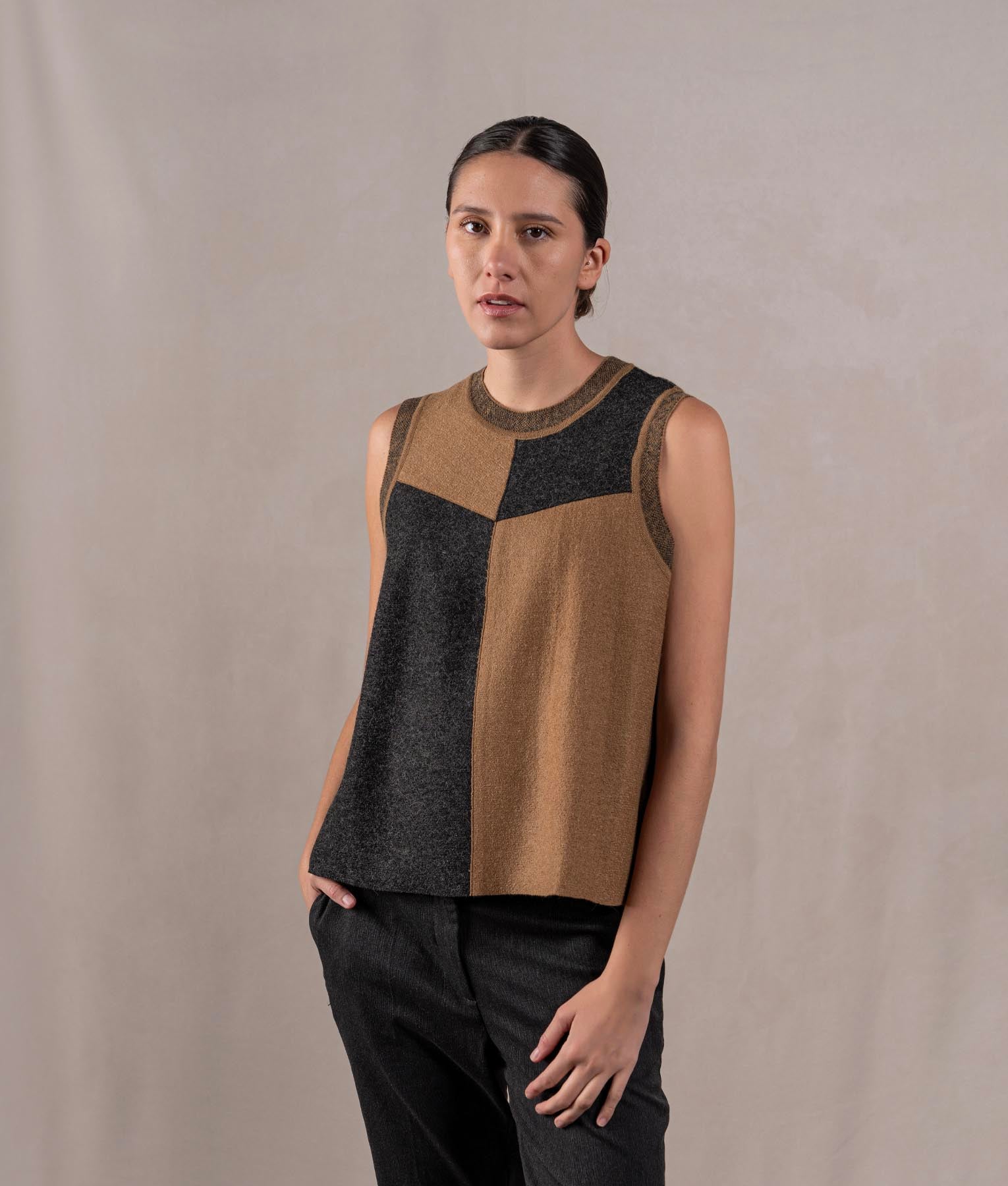 Patch Crew Neck Vest - Toasted Coconut And Pirate Black