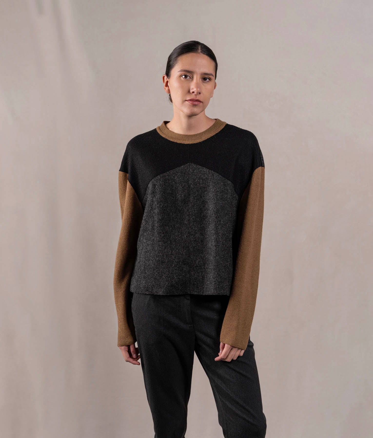 Patch & Links Crew Neck Sweater - Black And Toasted Brown