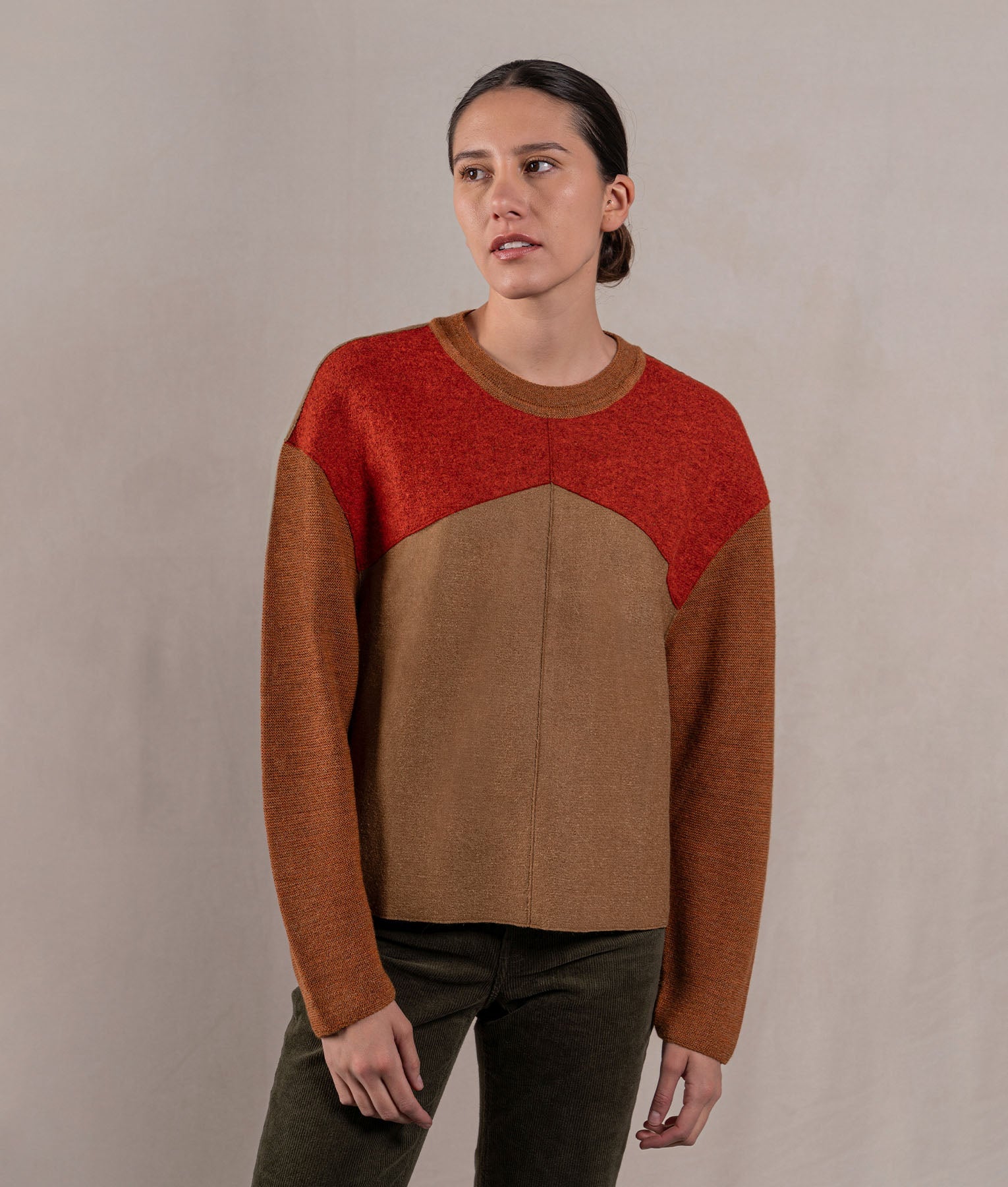 Patch & Links Crew Neck Sweater - Brick Red And Clay Brown