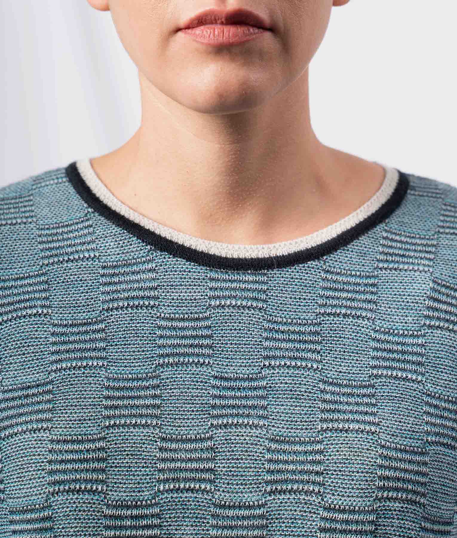 High And Low O Neck Stiched Sweater - Teal Blue And Black