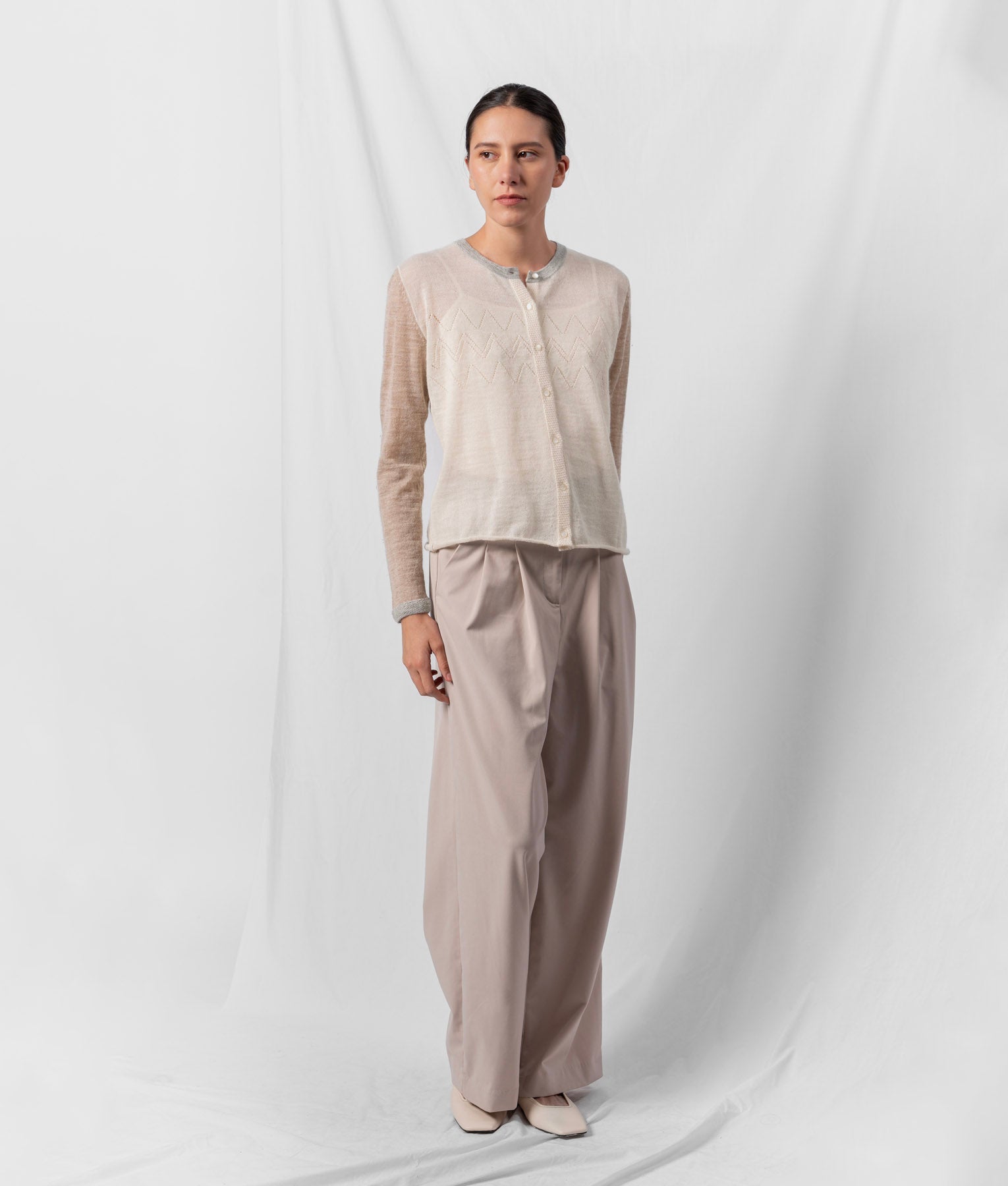 El Ritmo Eyelet Detailed Cardigan - Soft Ivory And Light Heather Grey