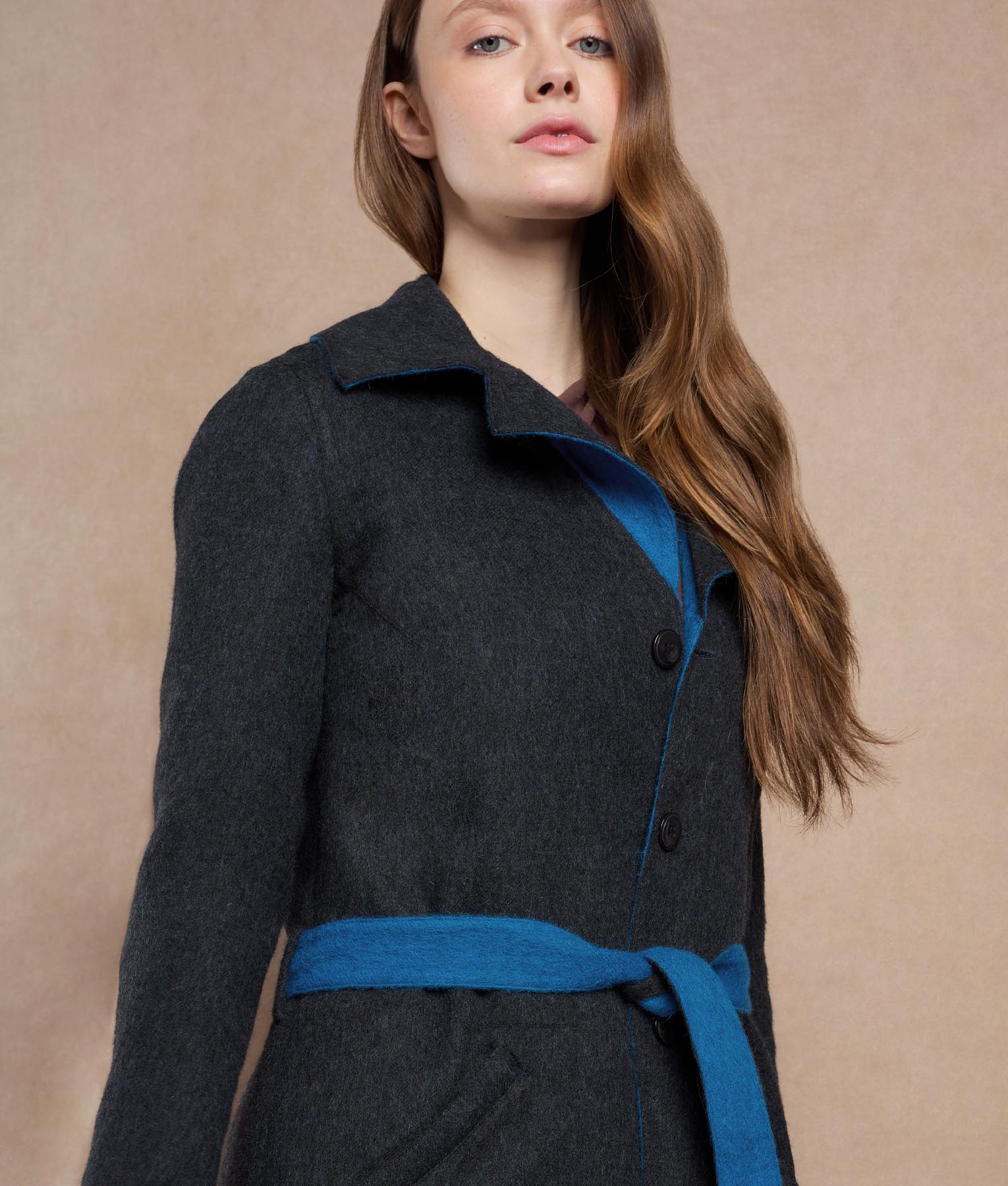 Reversible Oversized Belted Coat - Petrol Blue Y Dark Charcoal
