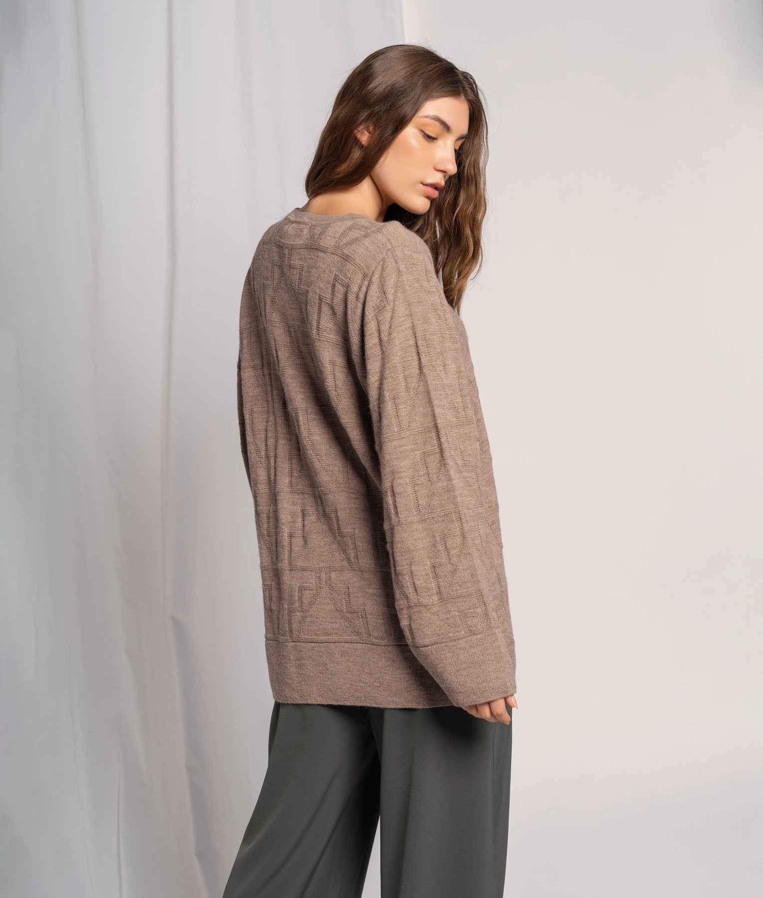 Oversized Swing Brown Jacquard Poncho Sweater