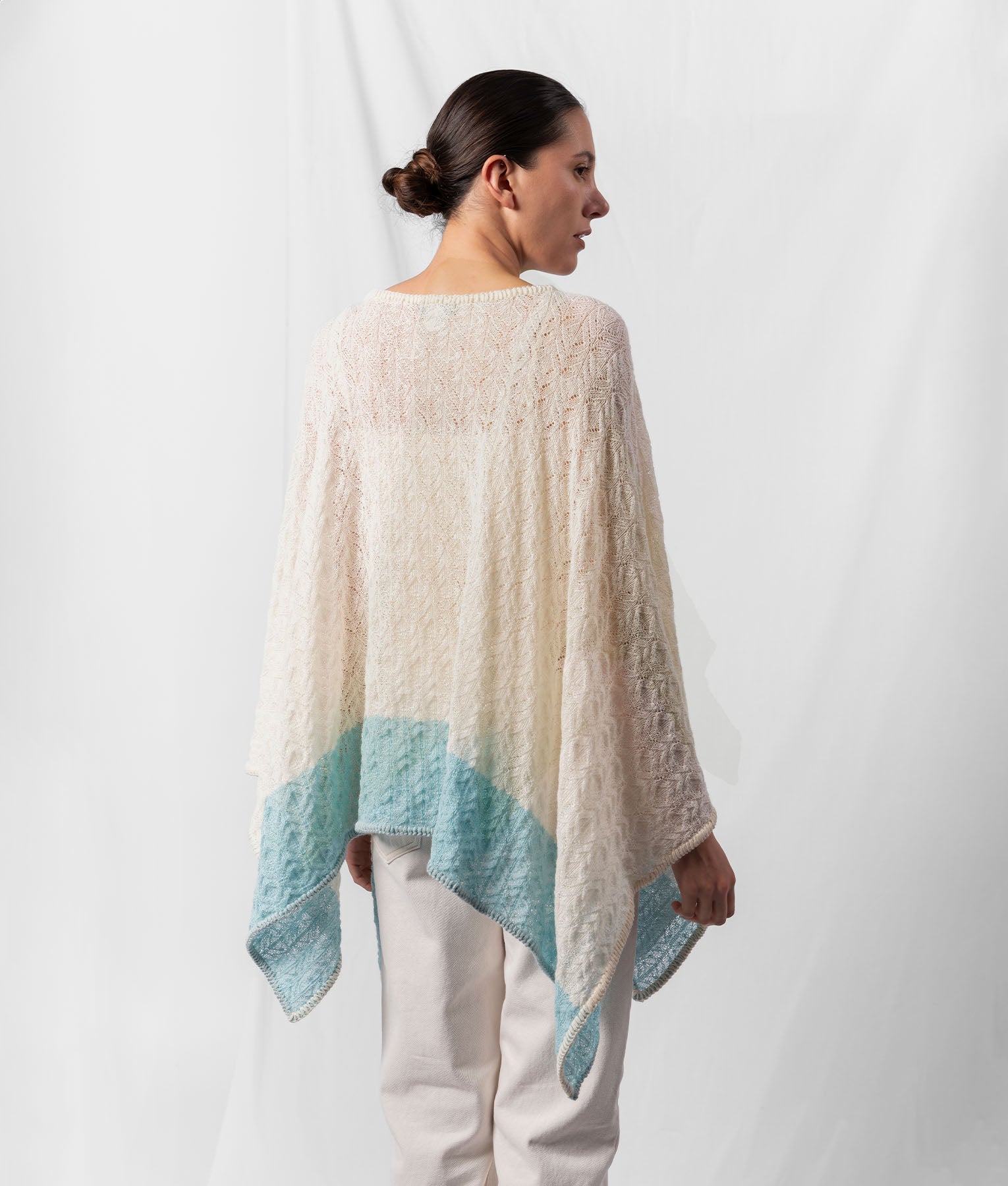 Dentelle Striped Poncho - Ivory And Gradient Sky Blue