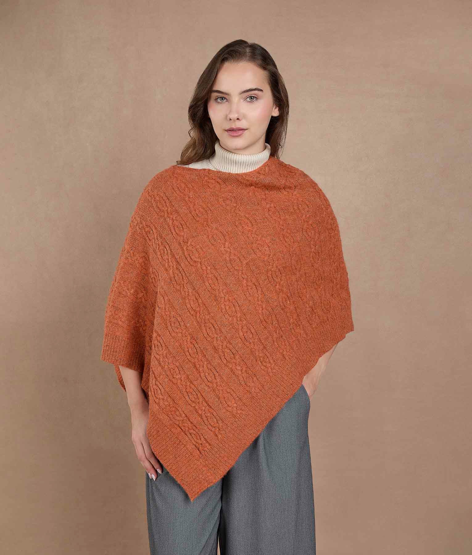 Diagonal Knit Poncho - Burnt Orange