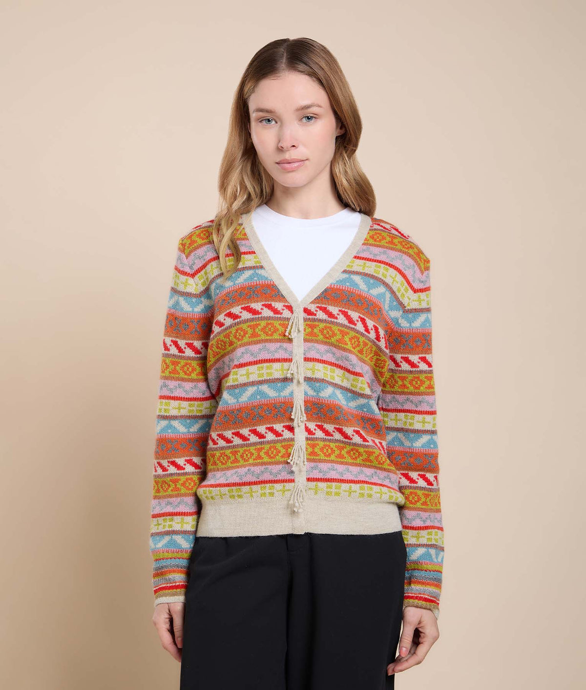 Jacquard Cardigan with Fringe Details