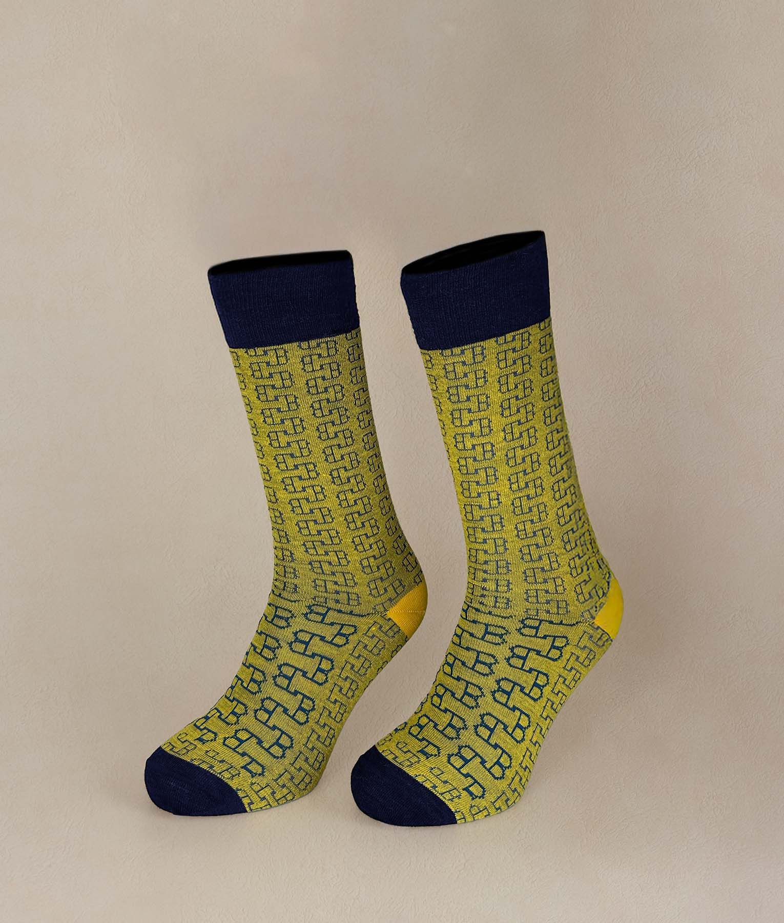 Men The Loose Eylet Socks - Yellow And Letter Blue