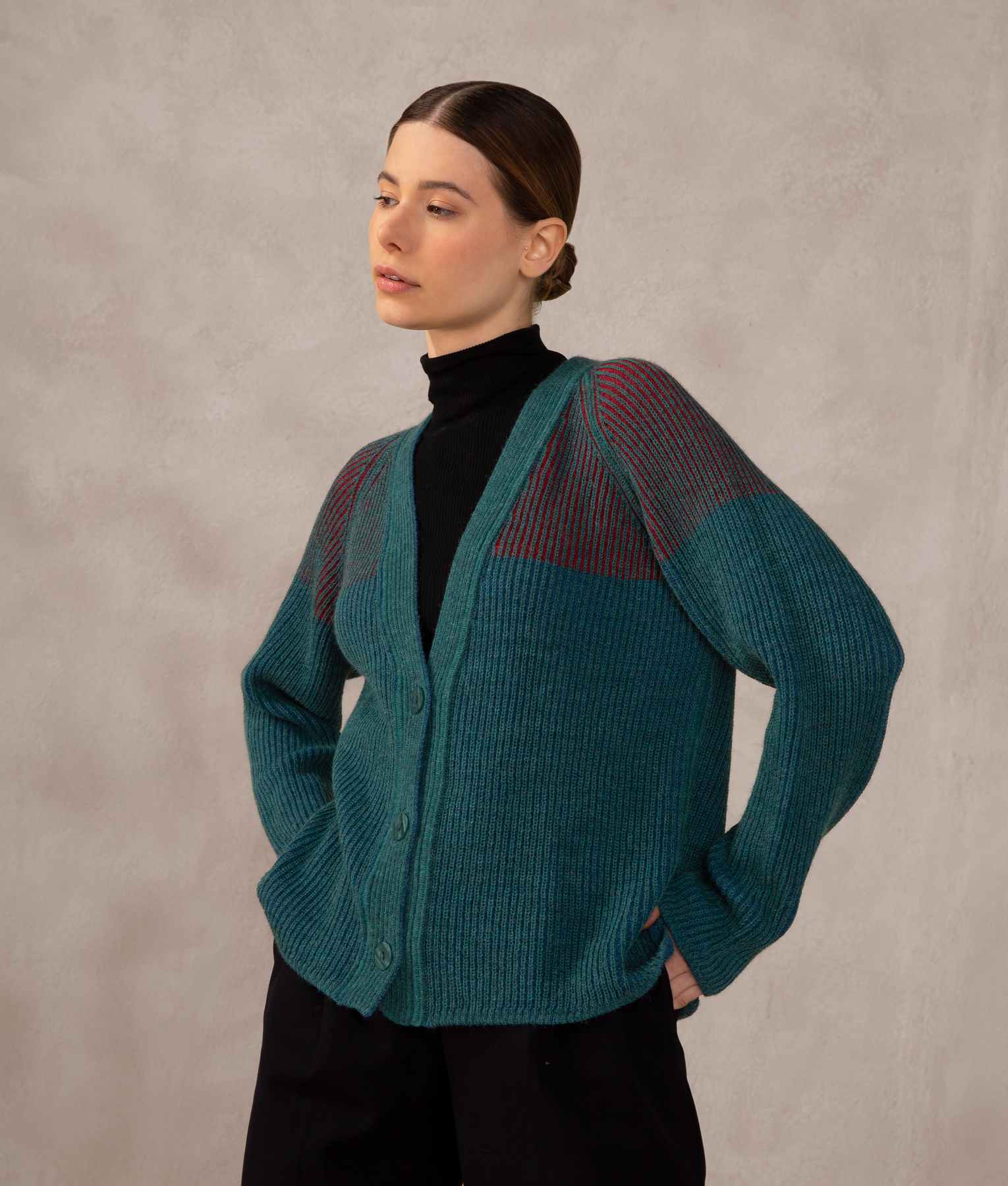 Reversible Ribbed Cardigan - Pompeii Red And Deep Jungle
