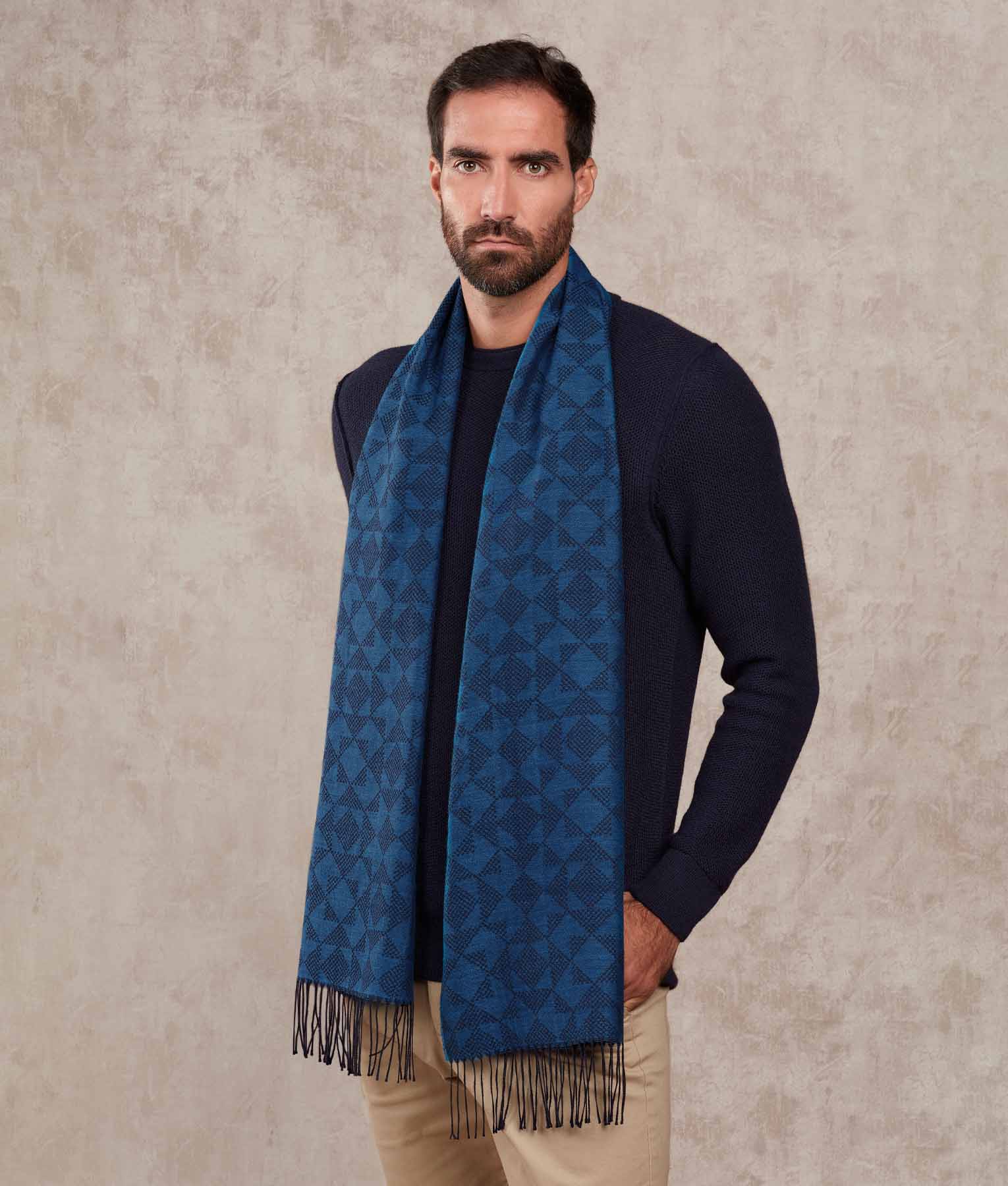 Bi Colour Mosaic Pattern Jacquard Scarf - Blue Deja Vu And Blue Contest