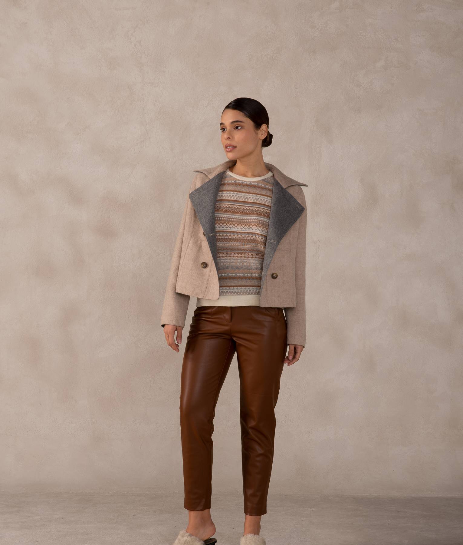 Reversible Short Jacket - Beige And Gray