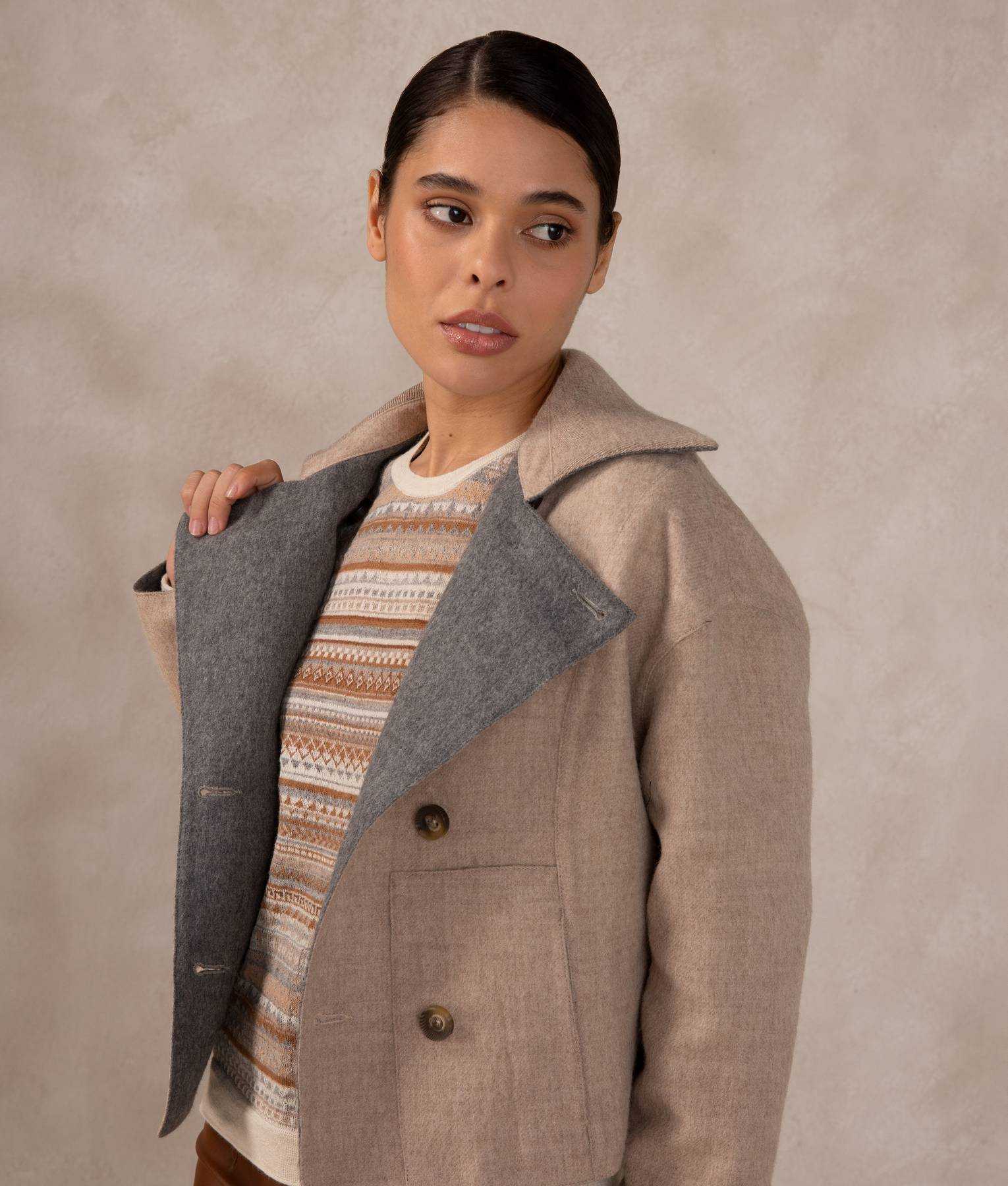 Reversible Short Jacket - Beige And Gray