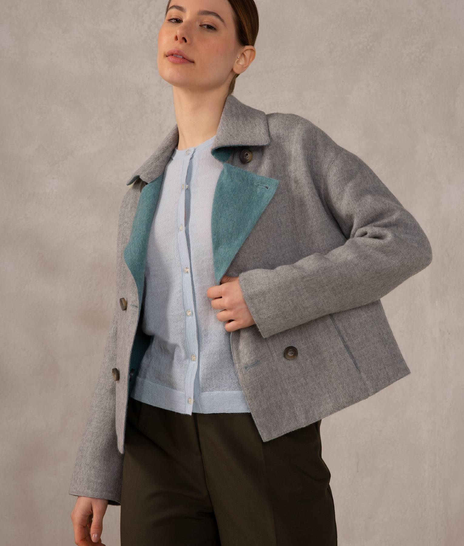 Reversible Short Jacket - Aquamarine And Gray