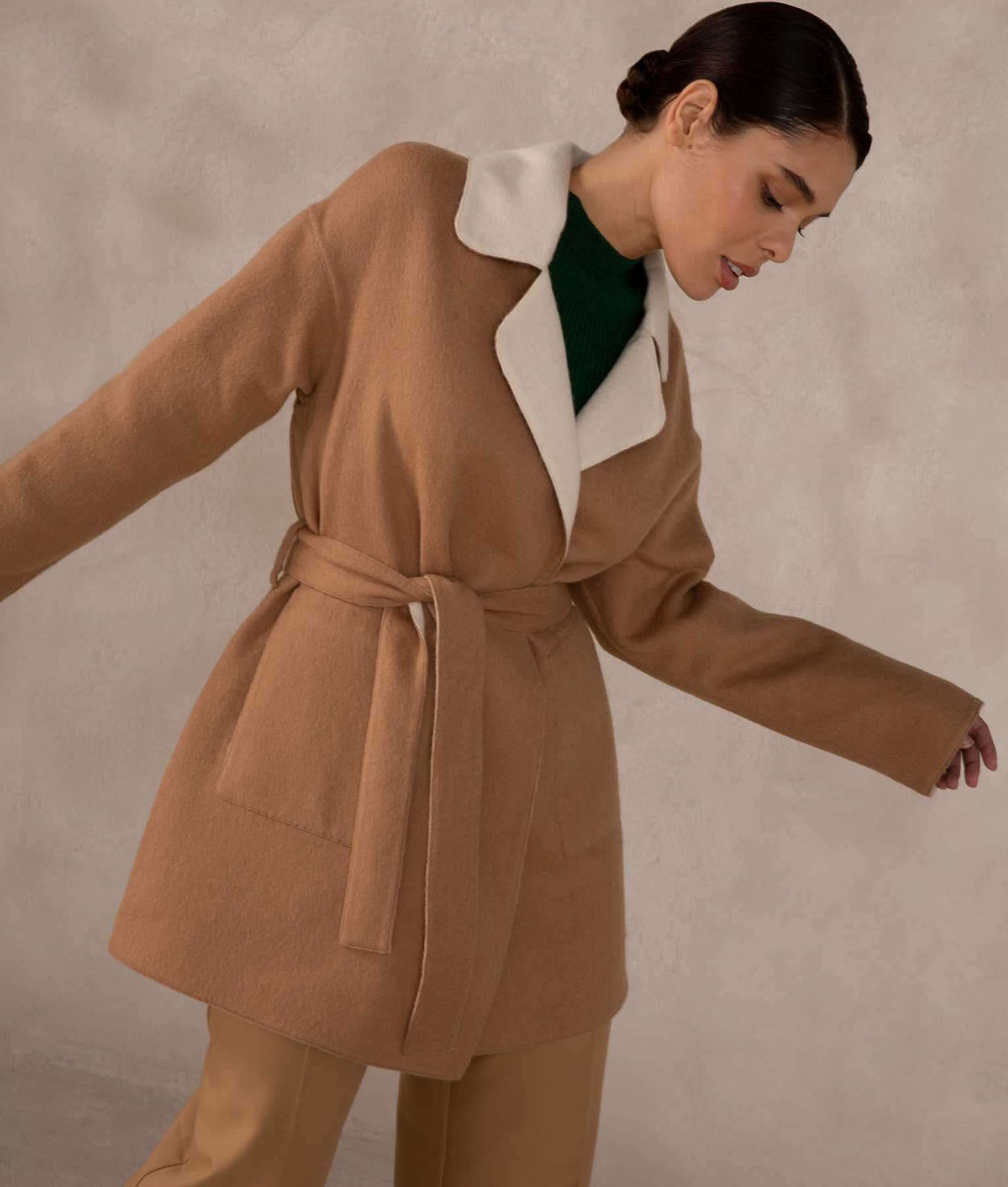 Reversible Wrap Coat - Antique White And Chewy Caramel