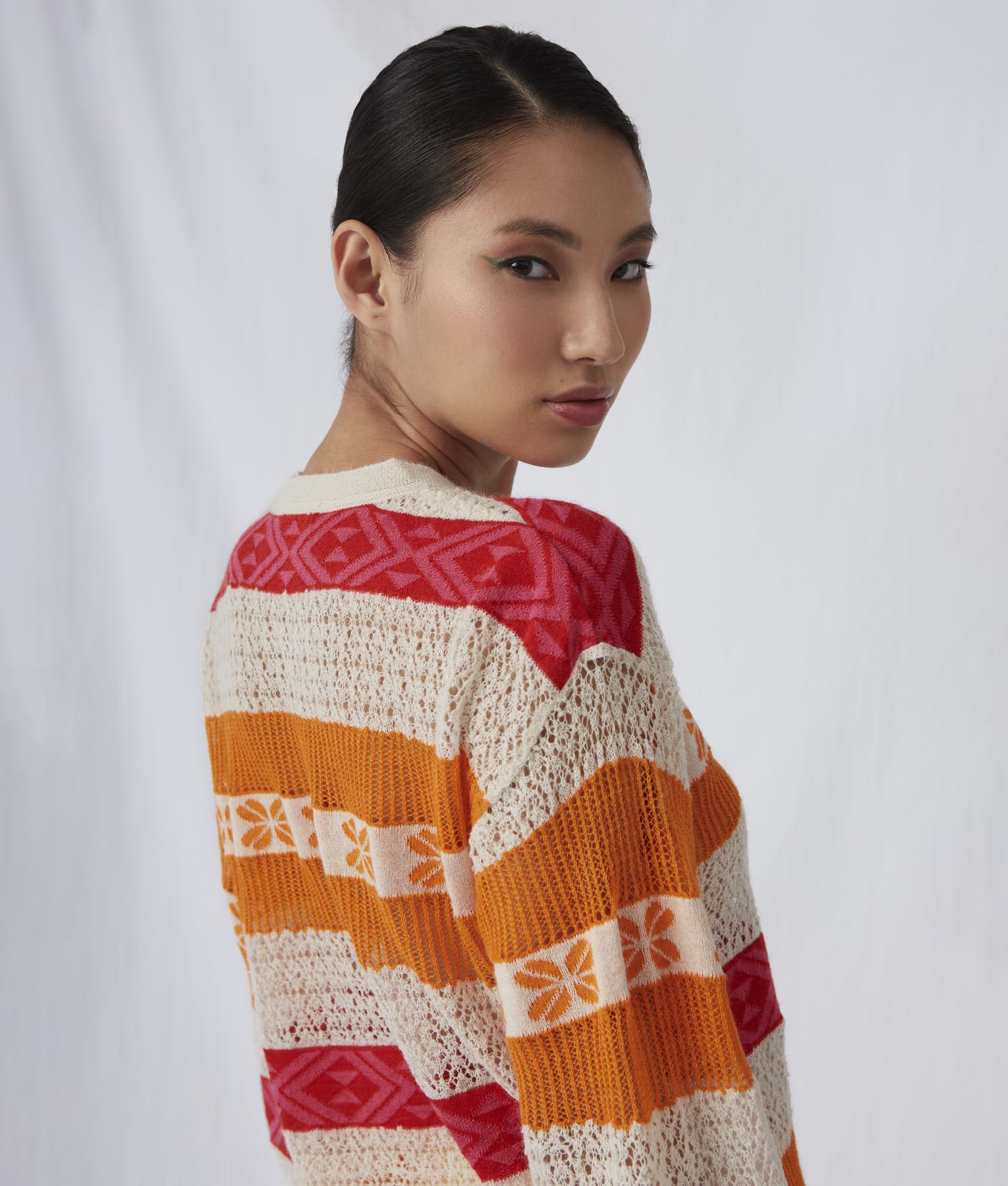 Lace & Jacquard Crew Neck Sweater - Winter White And Sun Orange