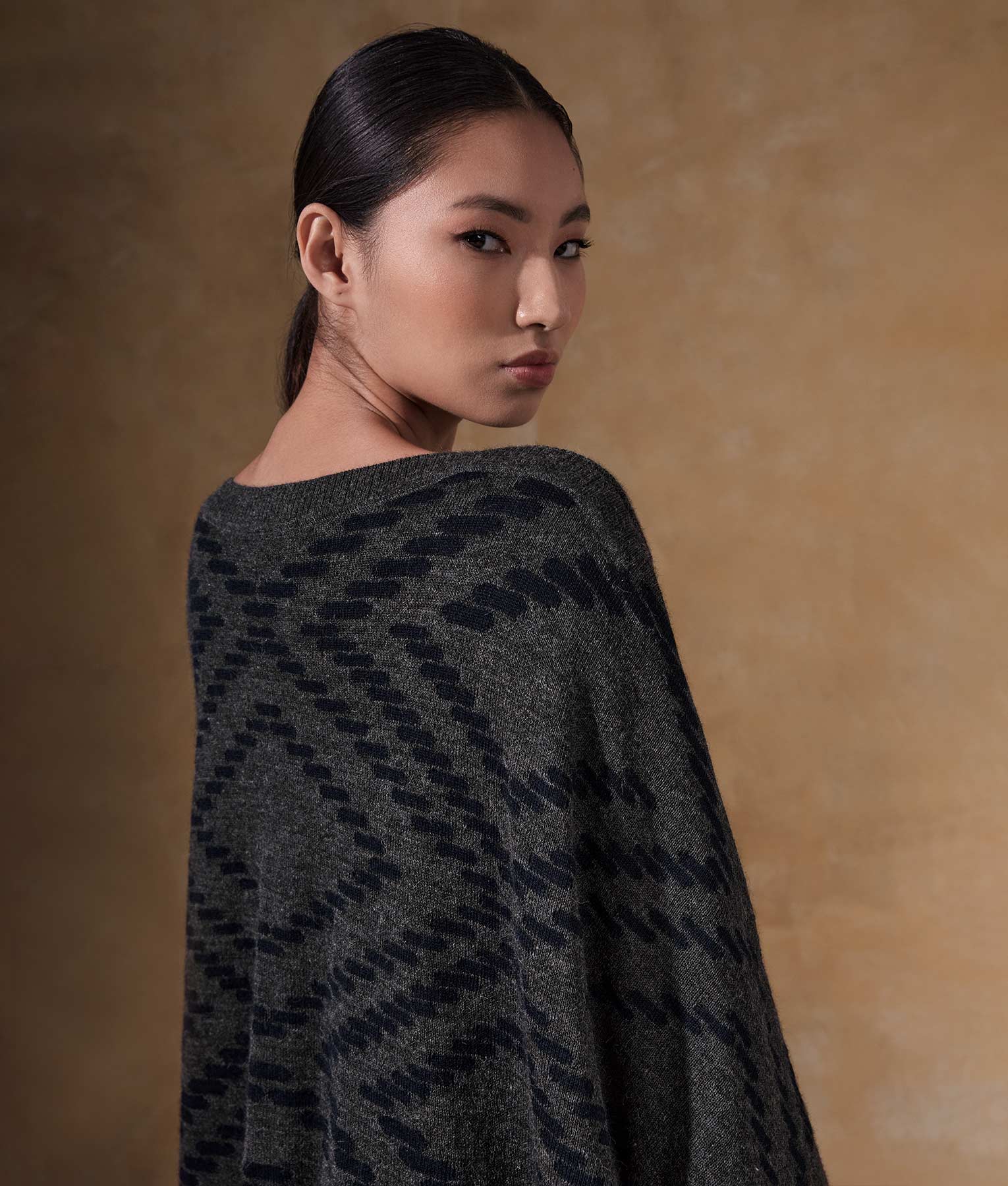 Bi Colour Jacquard Poncho With Sleeves - Gray And Navy Blue
