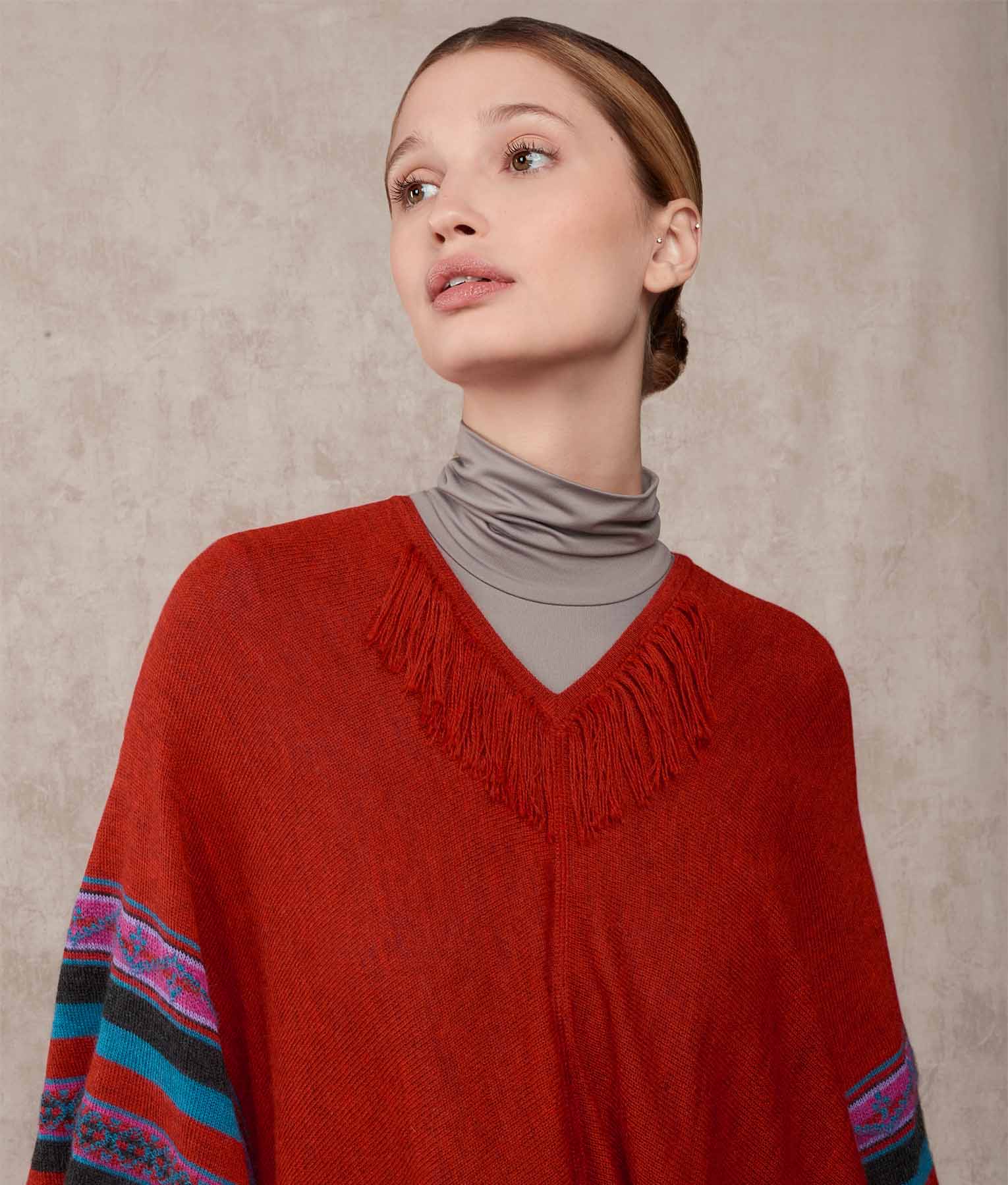 Poncho Rider With Fringe Details - Wine Raspberry