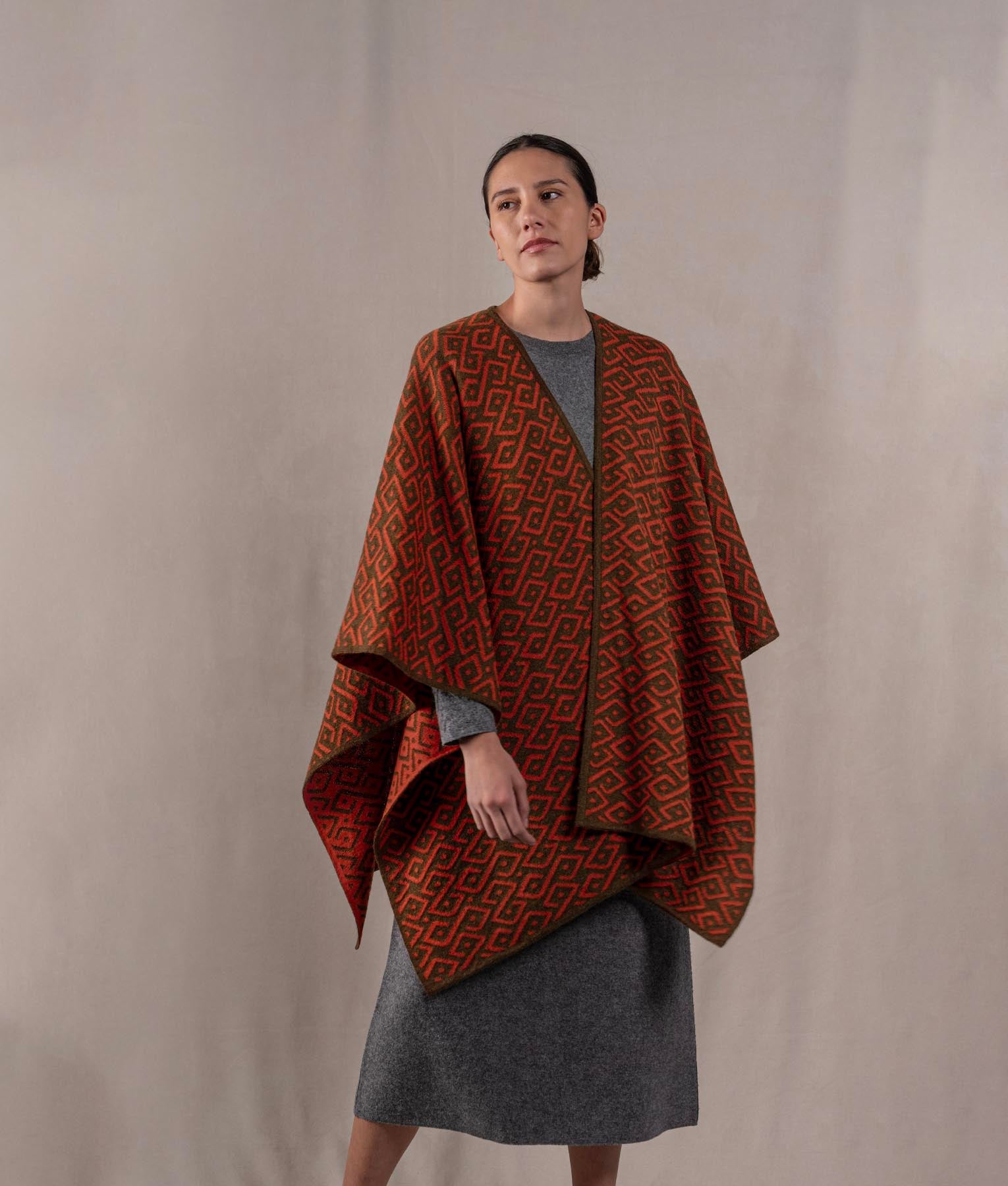 Gala Cape - Dark Olive Brow And Terracotta Red