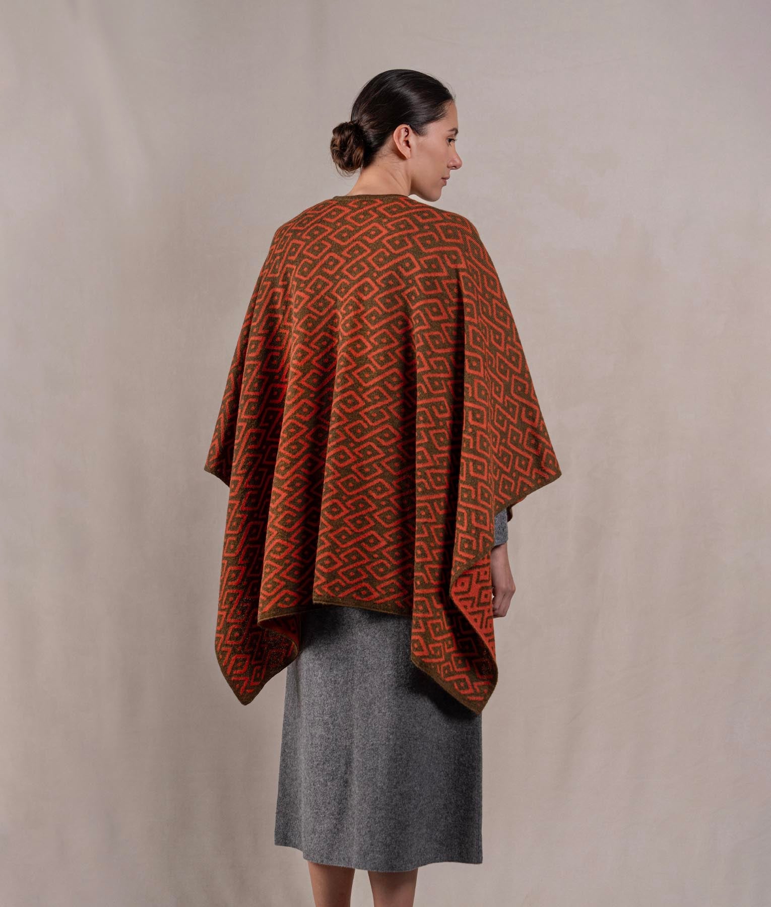 Gala Cape - Dark Olive Brow And Terracotta Red