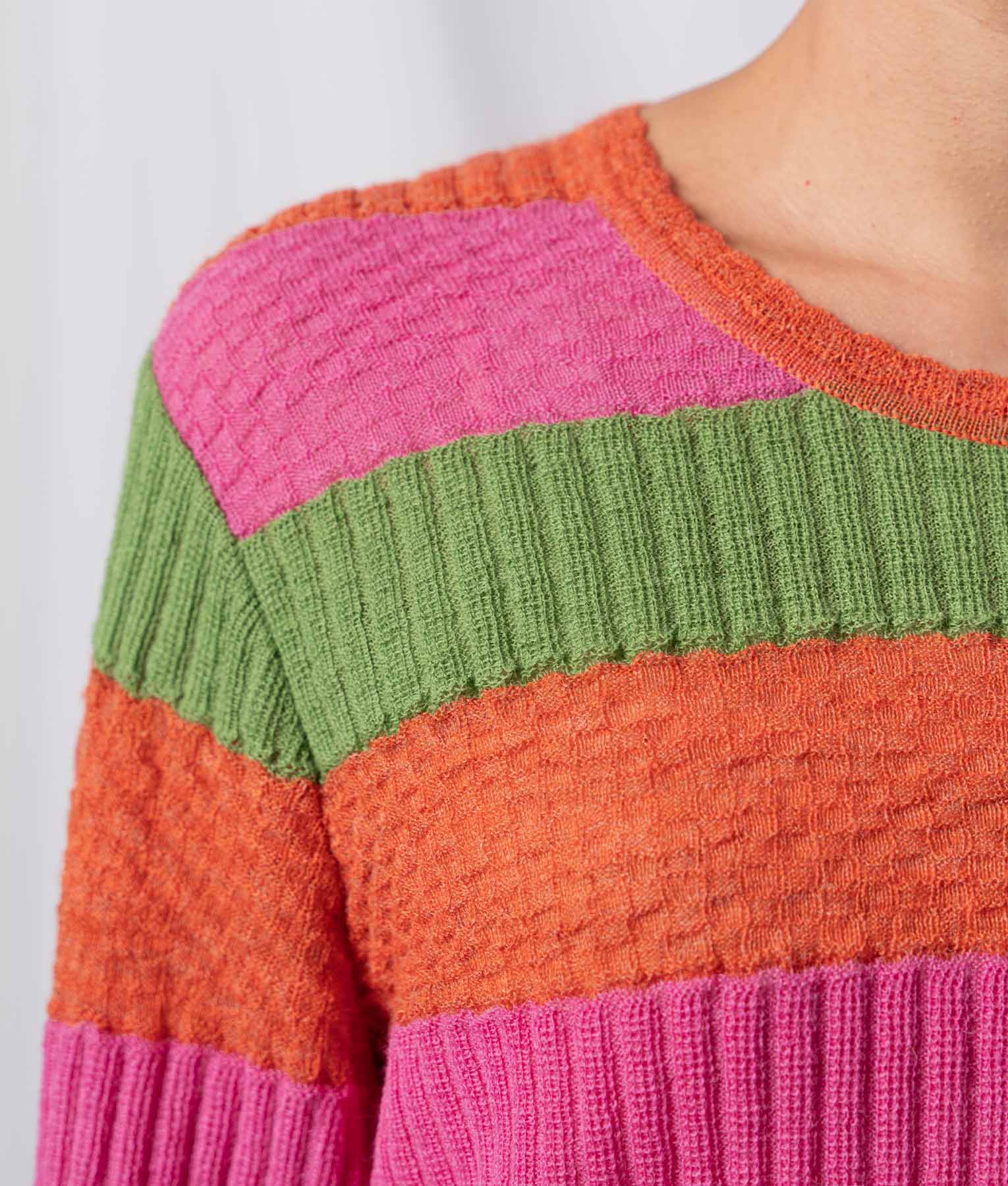 Striped Sampler O Neck Sweater - Burnt Orange And Fuchsia