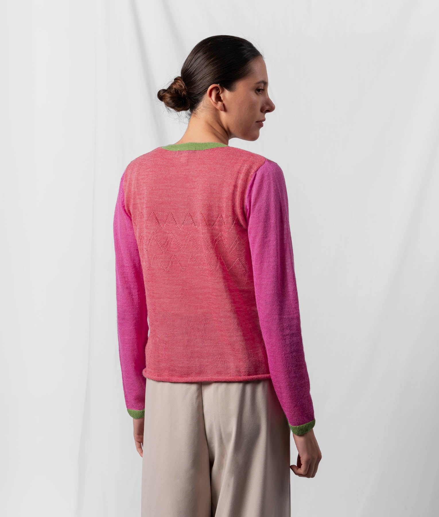 El Ritmo Eyelet Detailed Cardigan - Watermelon Pink And Soft Lime Green