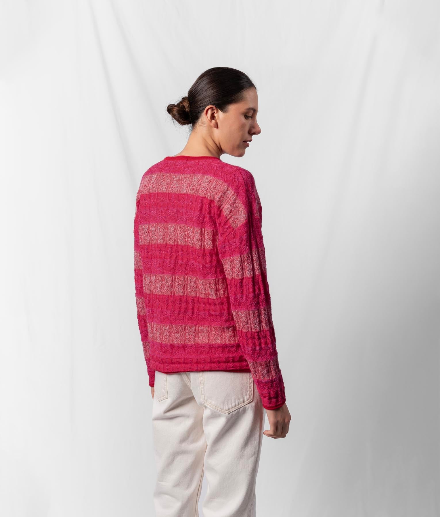 Loose Jacquard Pocket Front Sweater - Ruby Red And Raspberry Pink