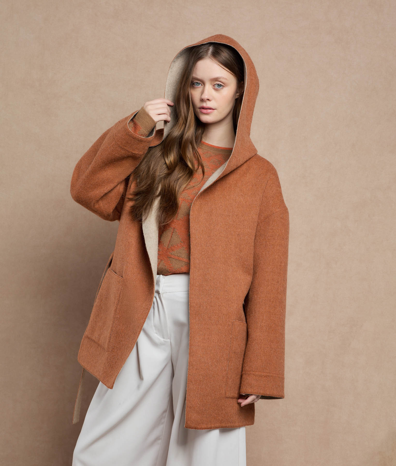 Belted Short Hoodie - Brown Rust And Brandy