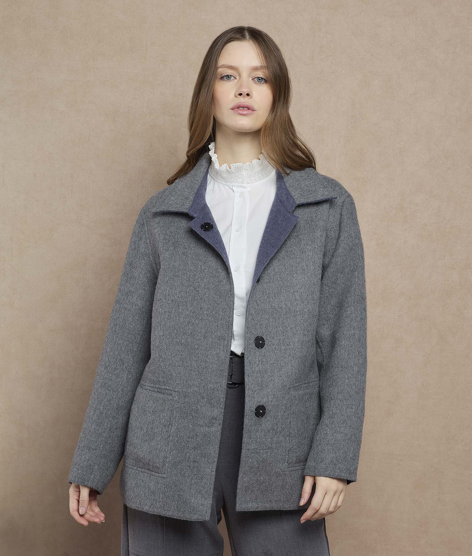 Reversible Women'S Short Coat - mood indigo and grey