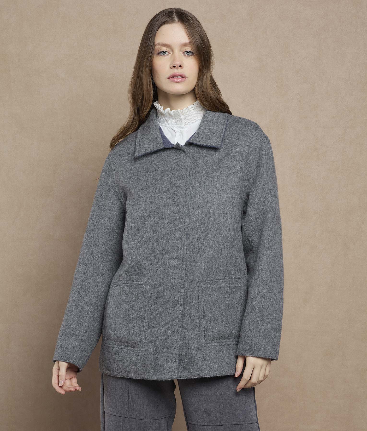 Reversible Women'S Short Coat - mood indigo and grey