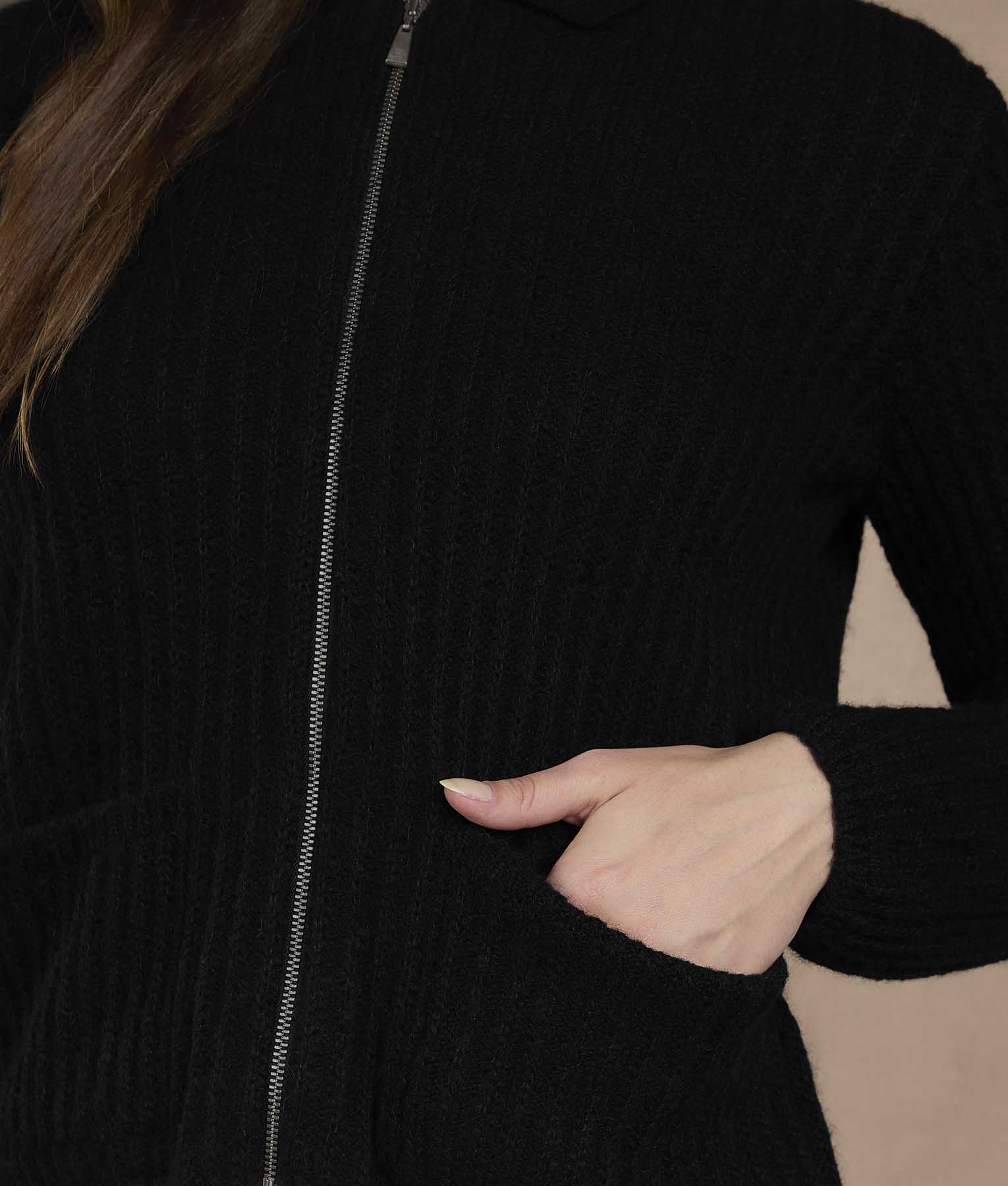 Rib Cardigan with Pockets - Black