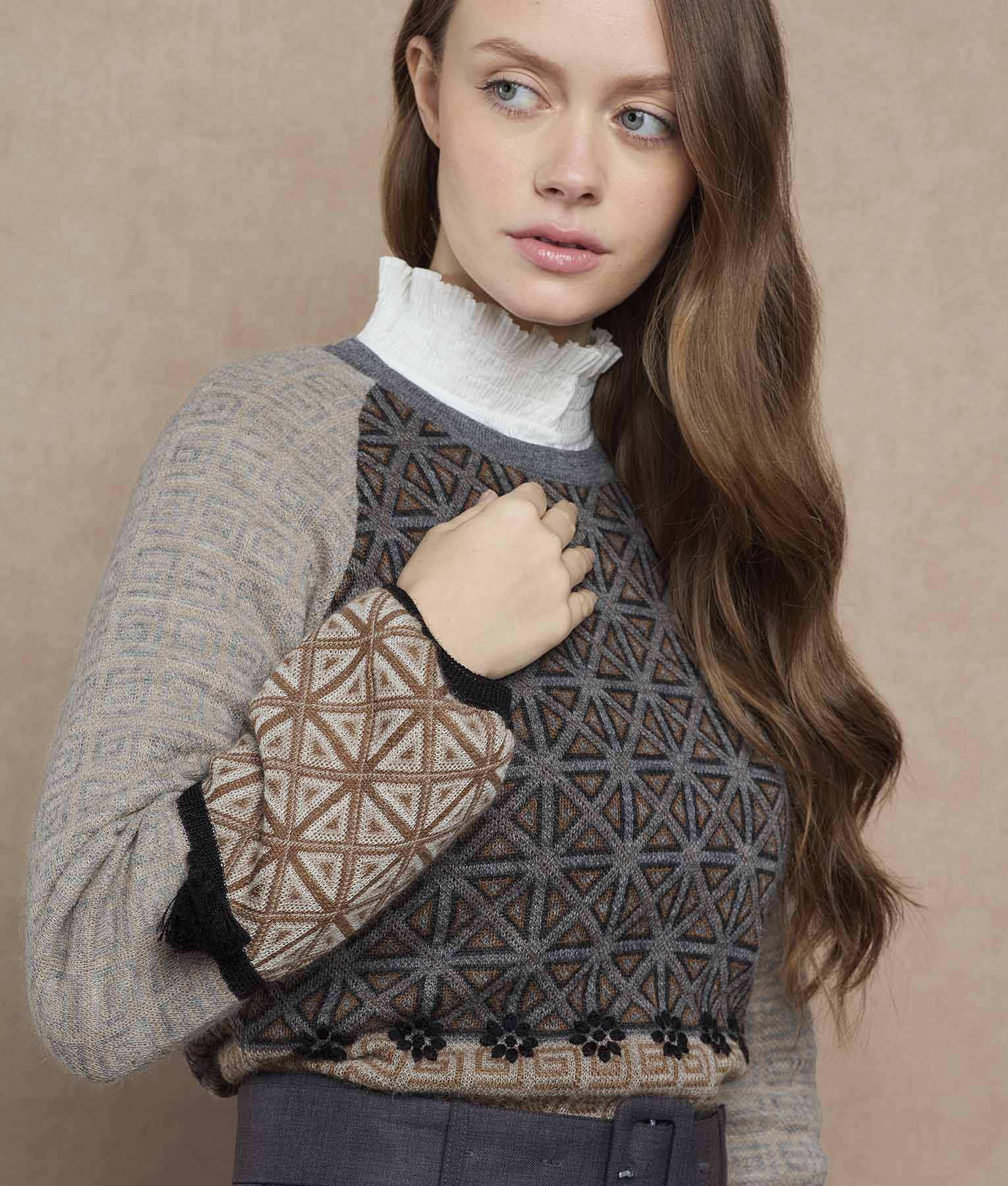 Jacquard Puffed Sleeves Sweater